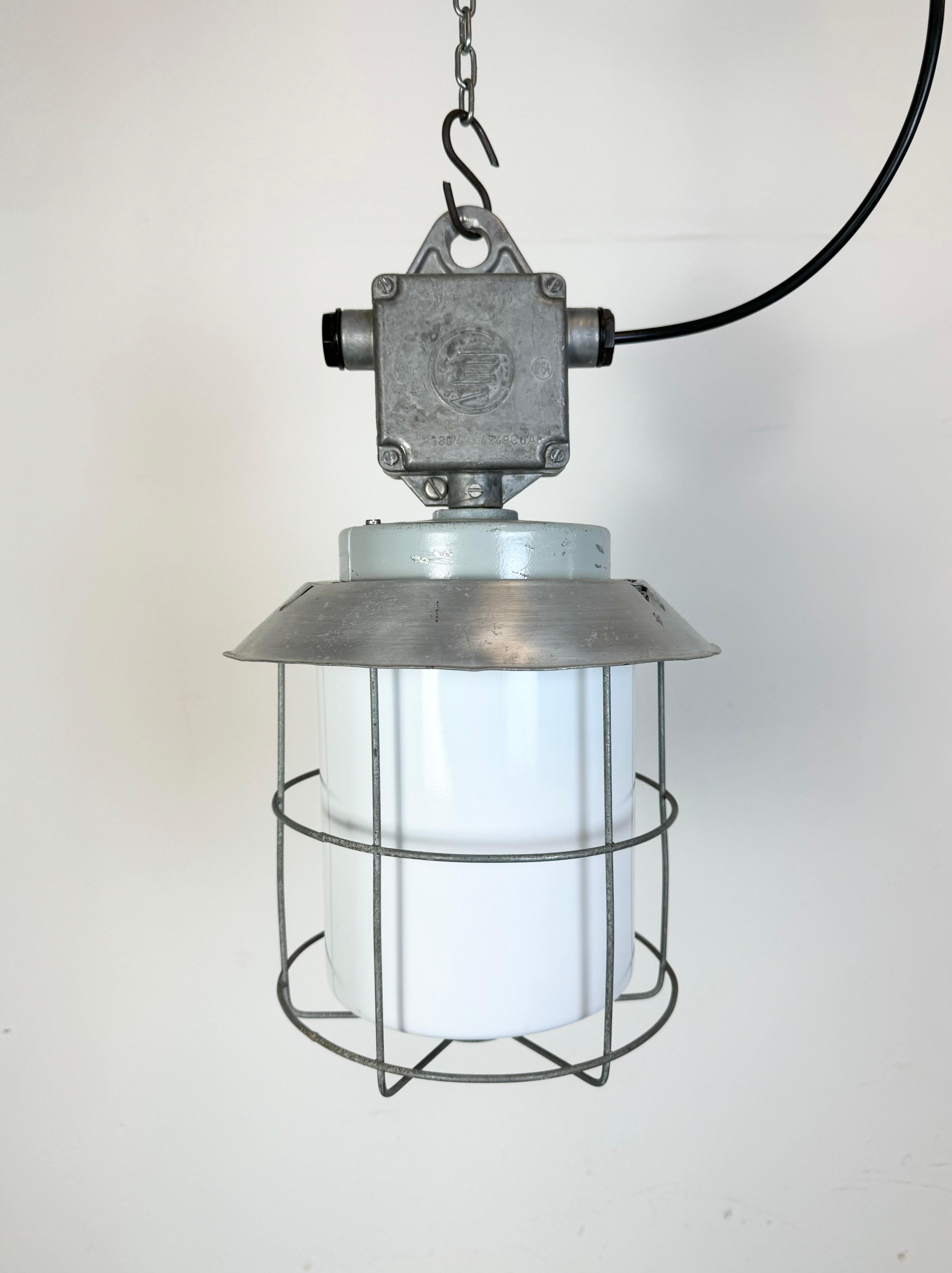 Czech Industrial Aluminium Cage Light with Milk Glass from Elektrosvit, 1970s For Sale