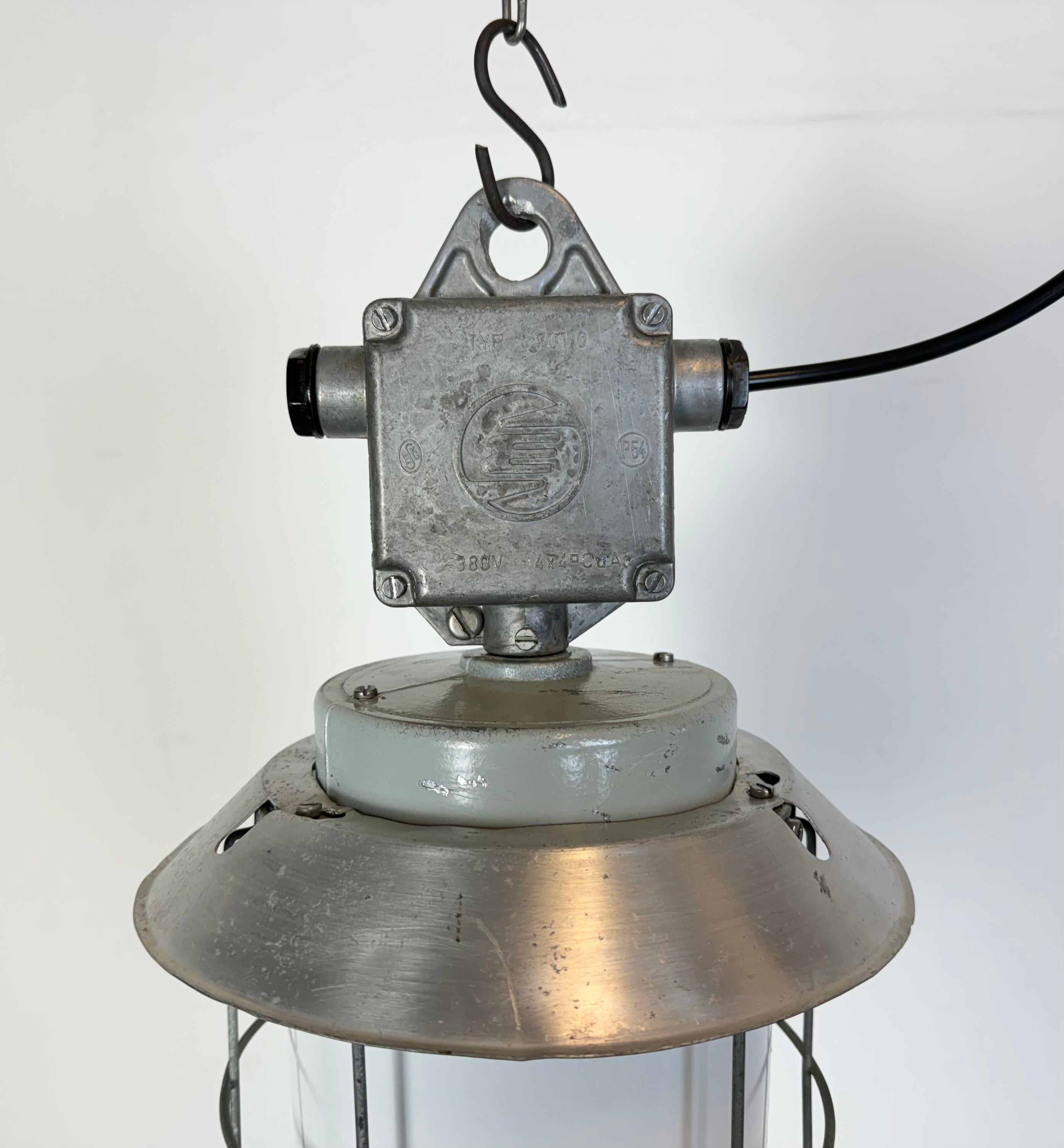 Industrial Aluminium Cage Light with Milk Glass from Elektrosvit, 1970s In Good Condition For Sale In Kojetice, CZ