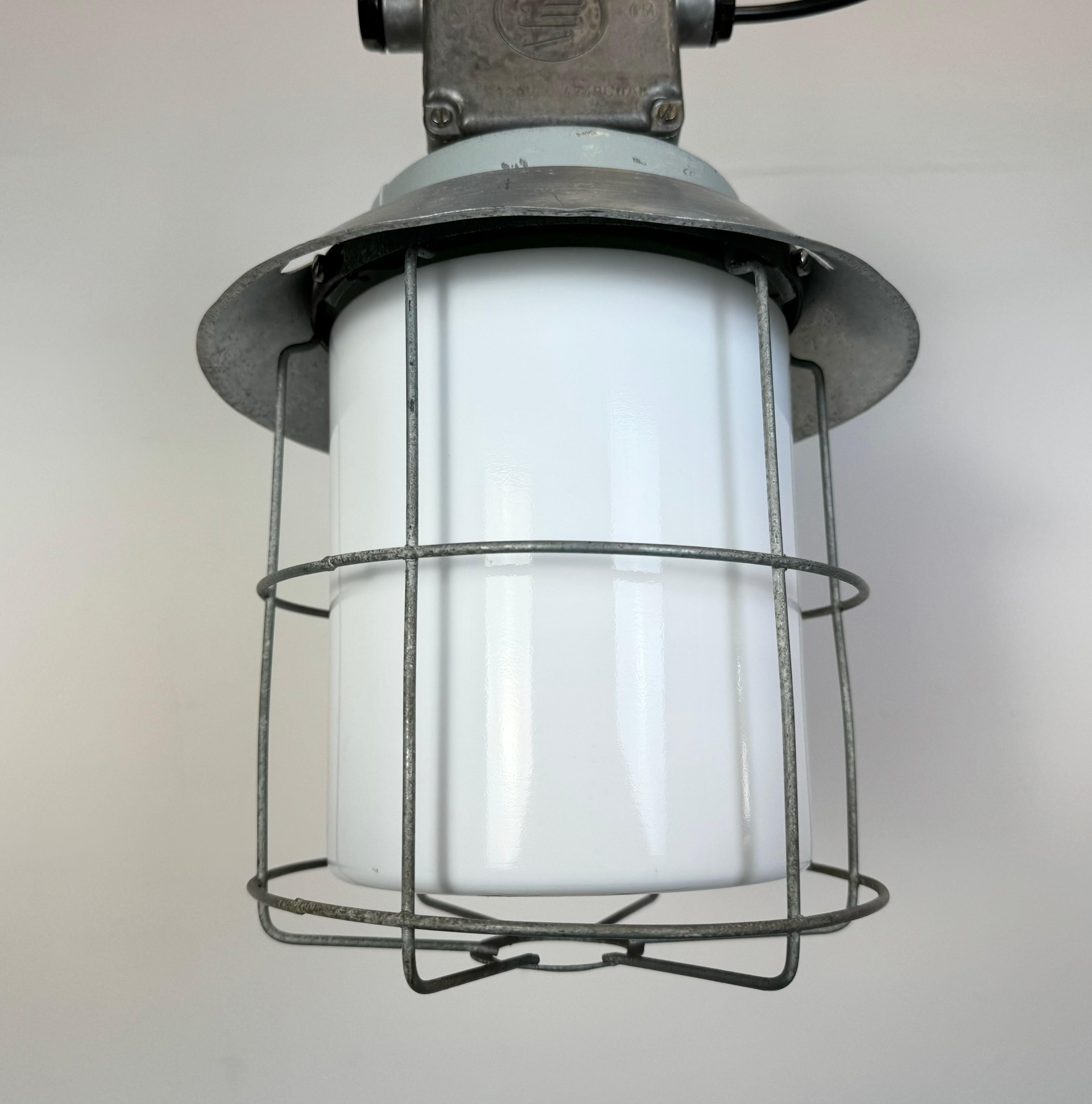 Aluminum Industrial Aluminium Cage Light with Milk Glass from Elektrosvit, 1970s For Sale