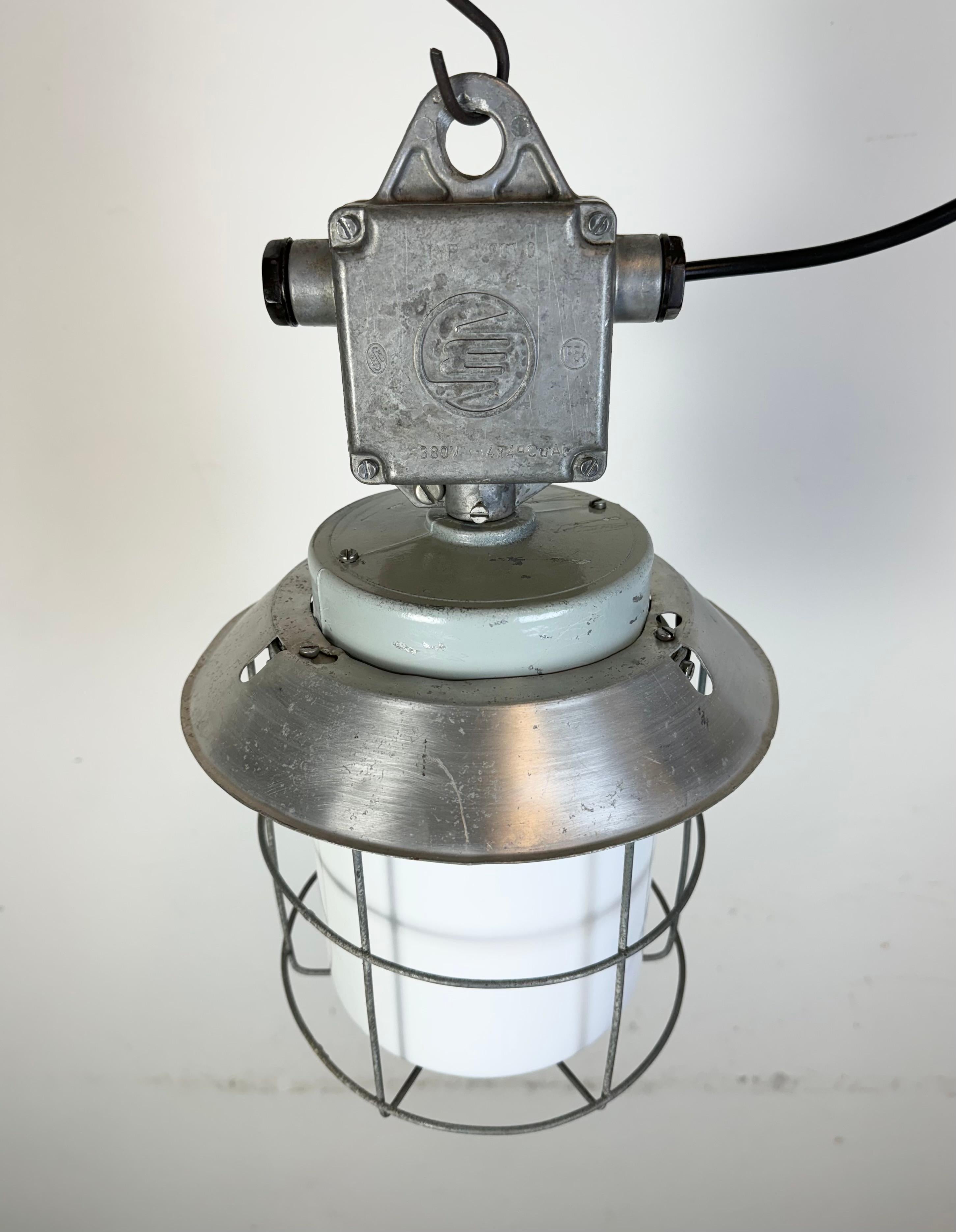 Industrial Aluminium Cage Light with Milk Glass from Elektrosvit, 1970s For Sale 1
