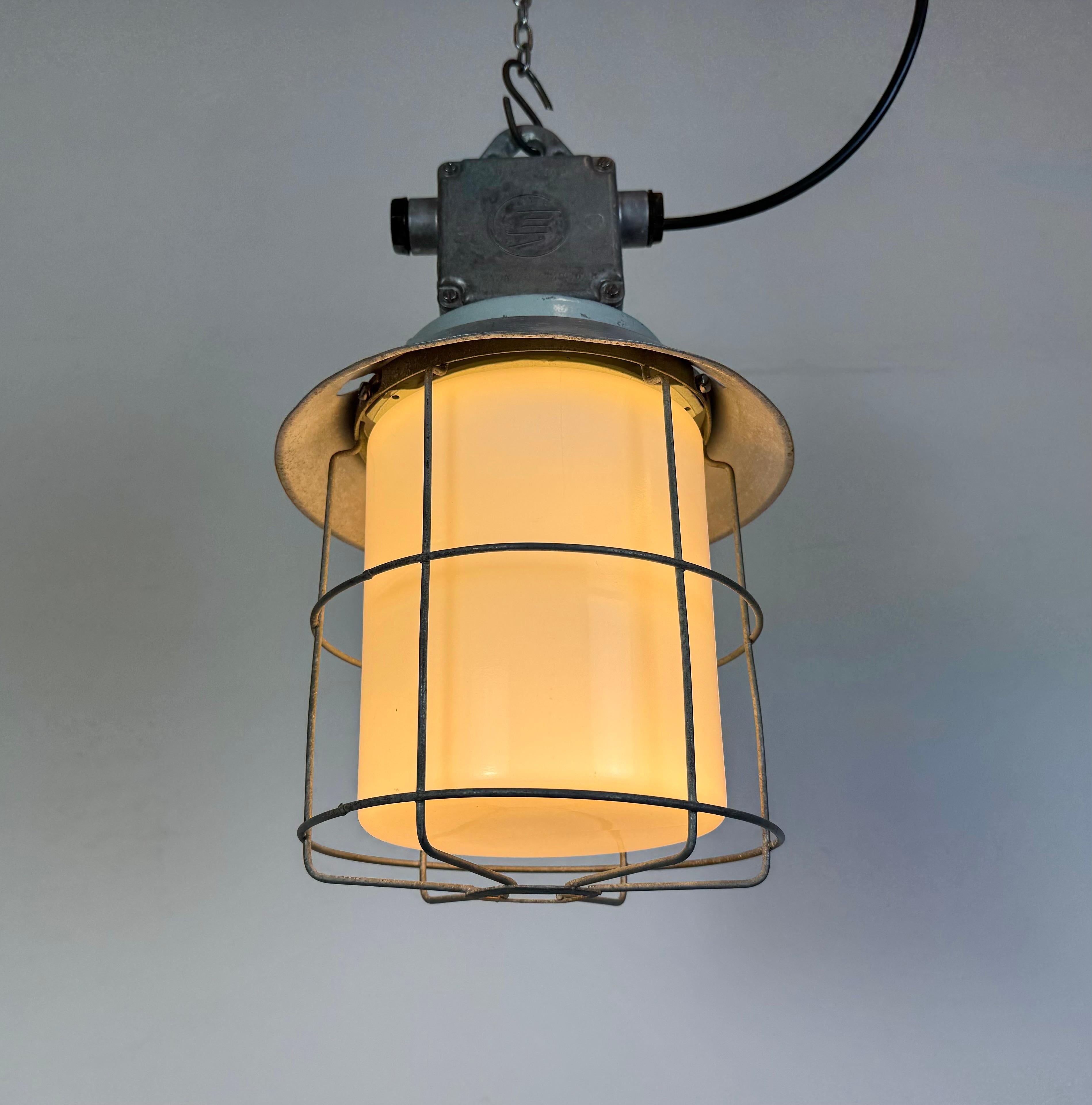 Industrial Aluminium Cage Light with Milk Glass from Elektrosvit, 1970s For Sale 3
