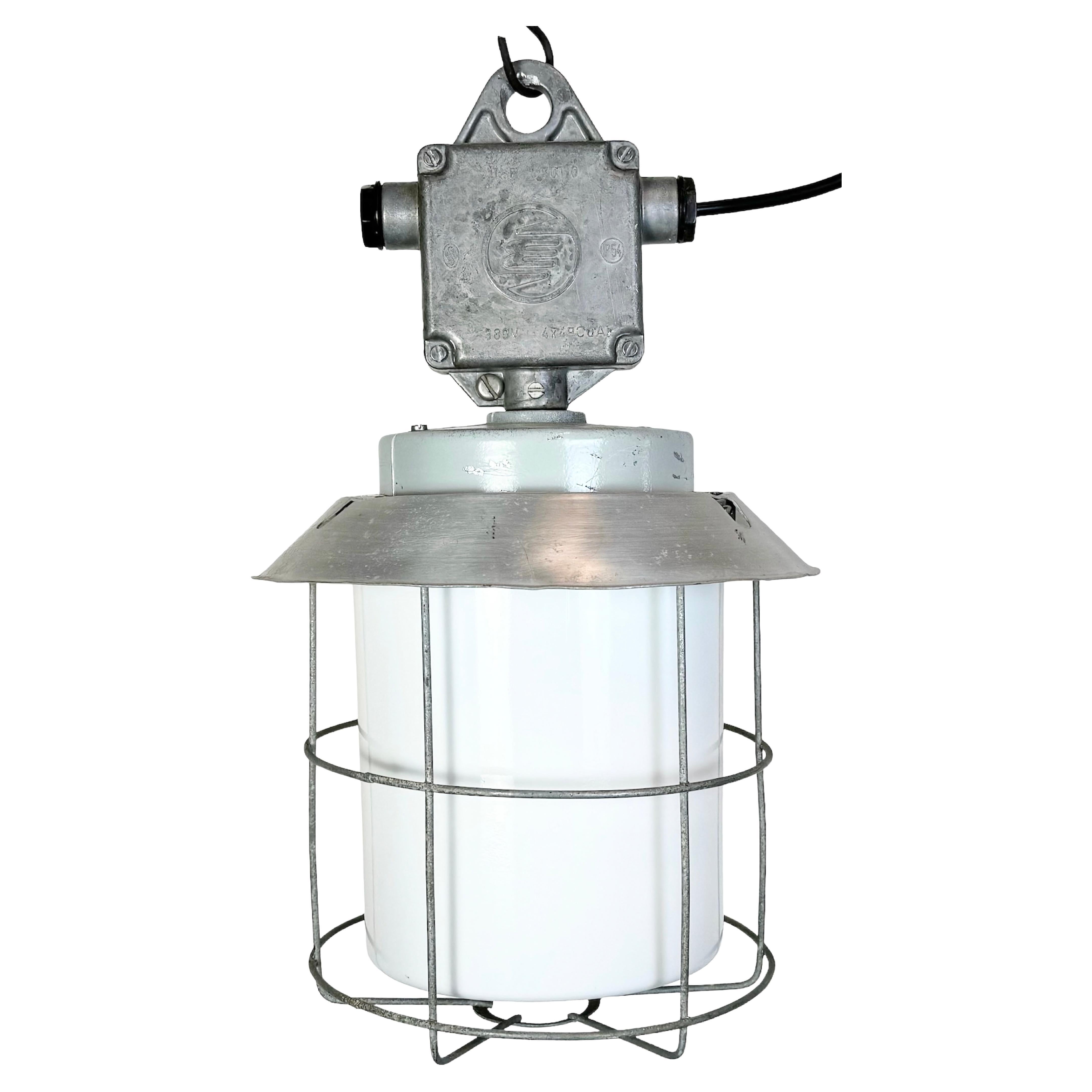 Industrial Aluminium Cage Light with Milk Glass from Elektrosvit, 1970s For Sale