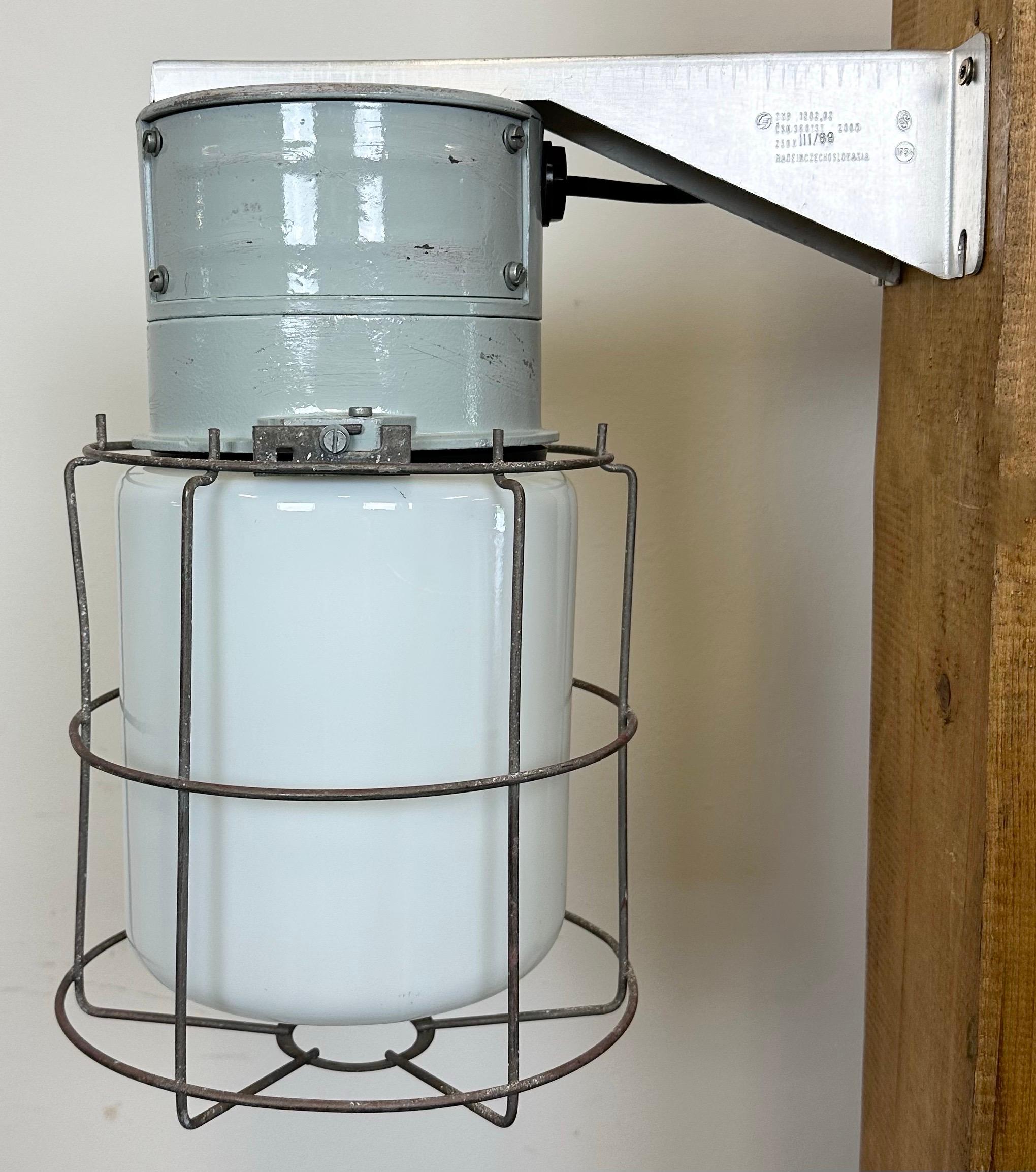Czech Industrial Aluminium Cage Wall Light with Milk Glass from Elektrosvit, 1970s For Sale