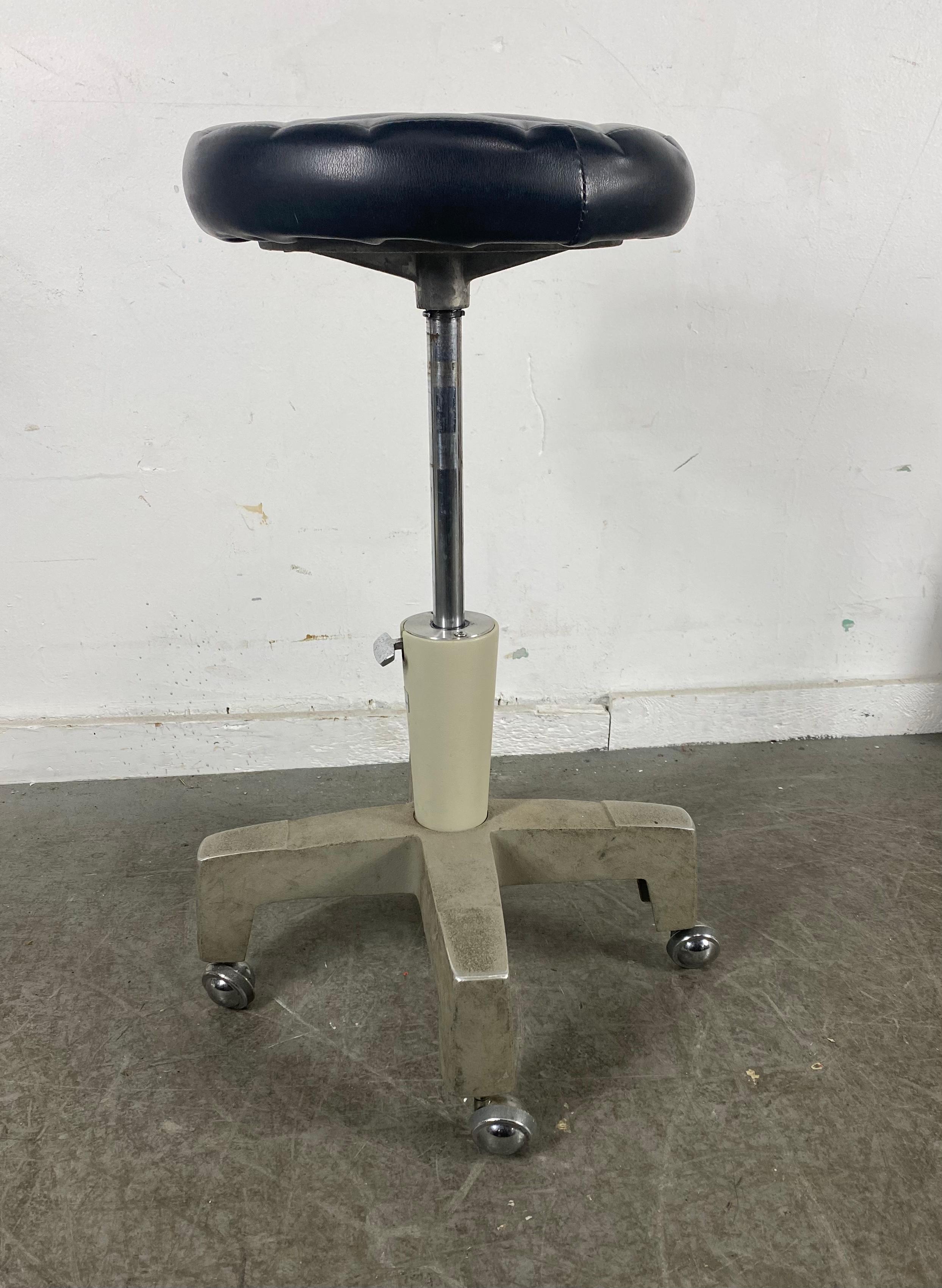 American Industrial Aluminum and Leather Adjustable Dentist Stool by Reichert