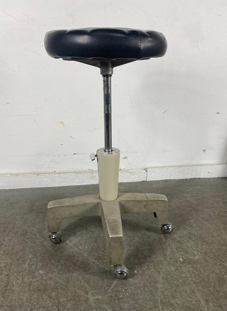 American Industrial Aluminum and Leather Adjustable Dentist Stool by Reichert For Sale