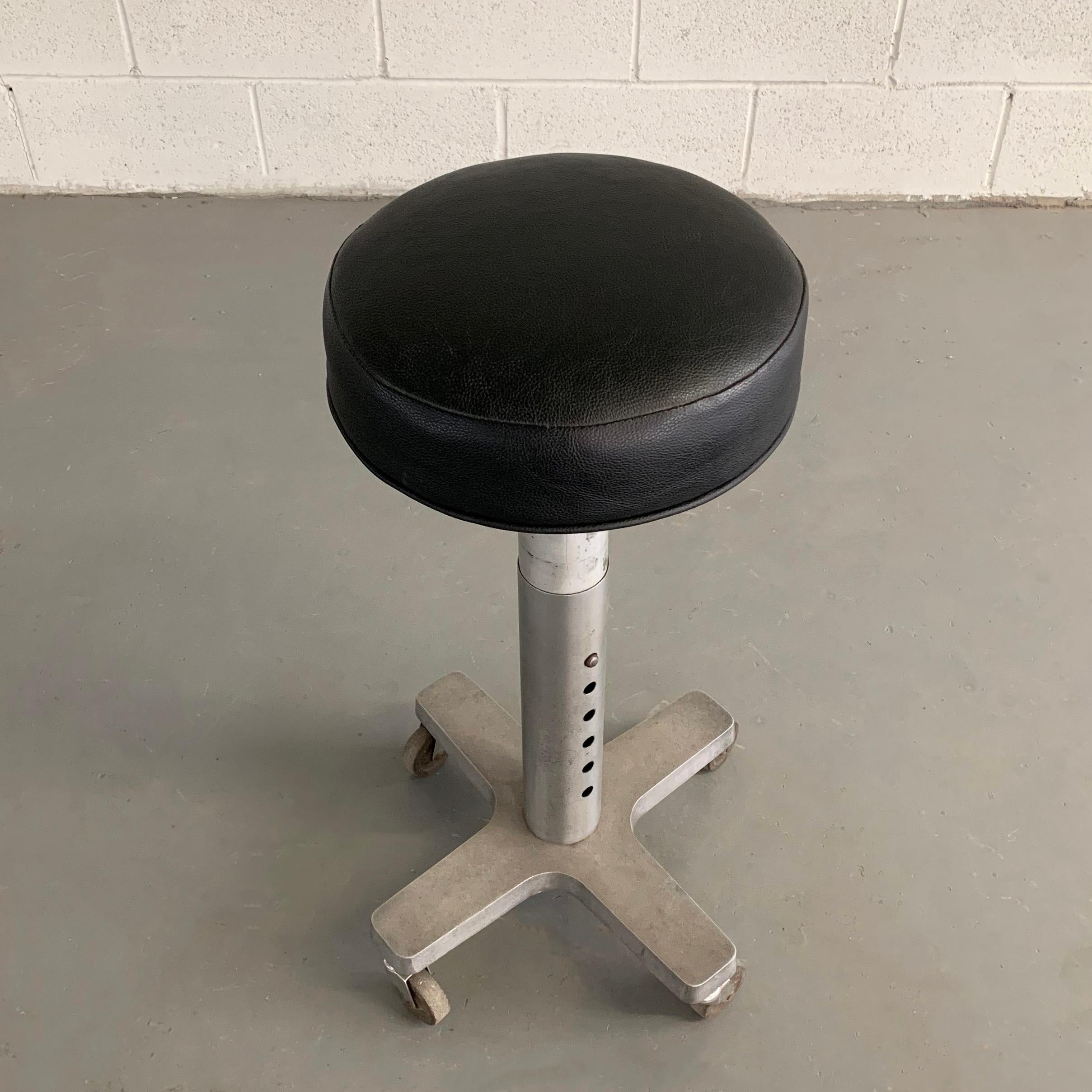 Industrial Aluminum and Leather Adjustable Dentist Stool In Good Condition For Sale In Brooklyn, NY