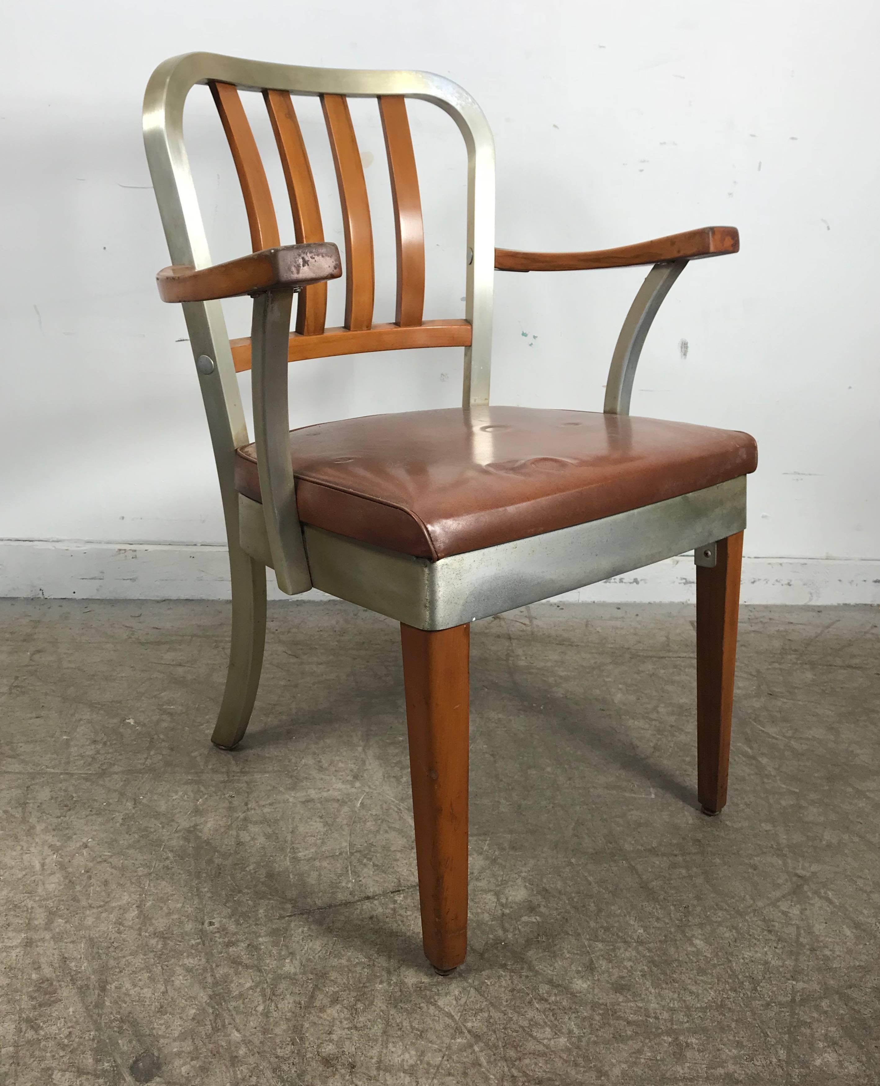 Industrial Aluminium, Wood and Leather Armchair by Shaw Walker In Good Condition In Buffalo, NY