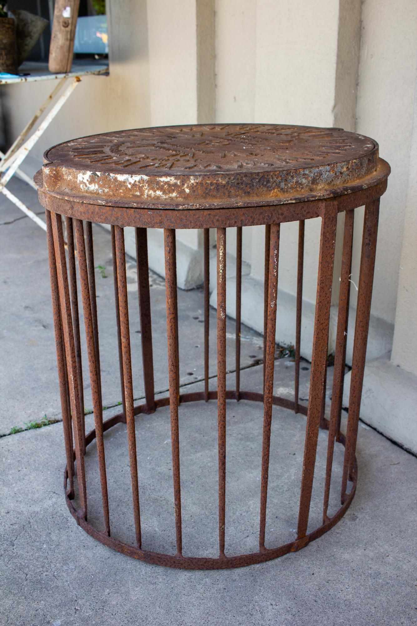 English Industrial Antique British Iron Manhole Cover and Drain Side Table