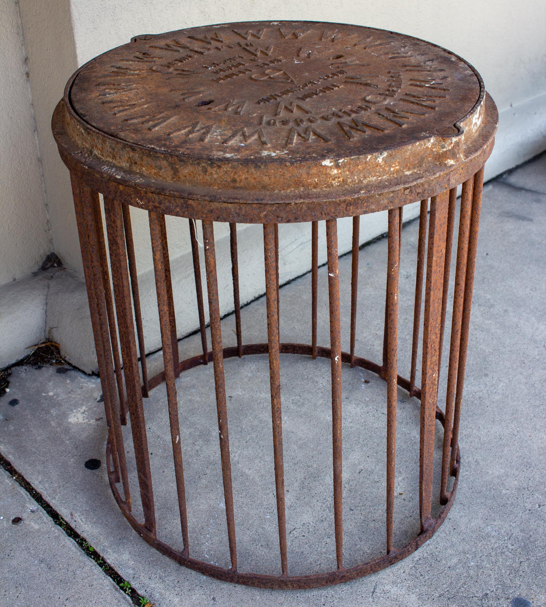 Industrial Antique British Iron Manhole Cover and Drain Side Table In Good Condition In Houston, TX