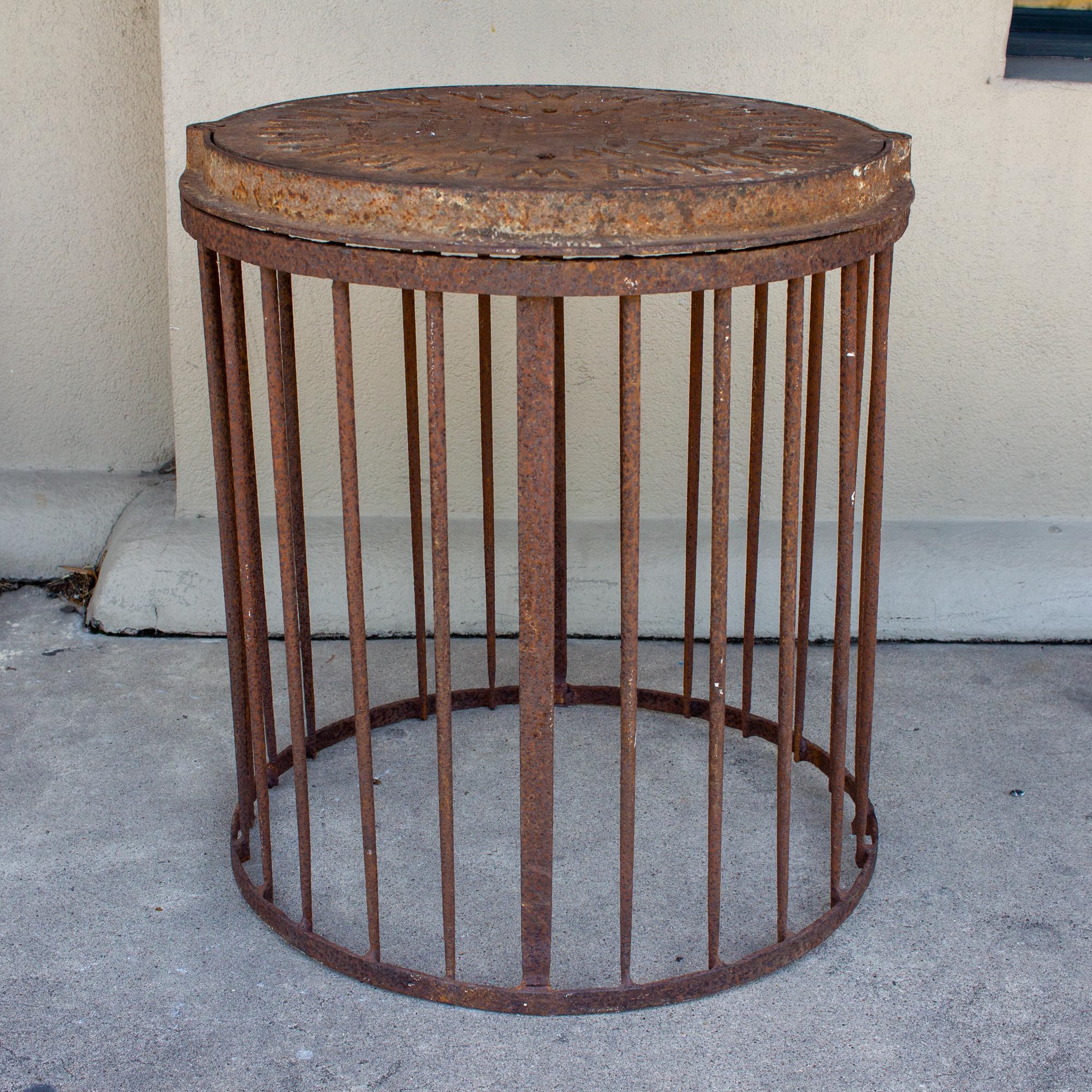 Industrial Antique British Iron Manhole Cover and Drain Side Table 1