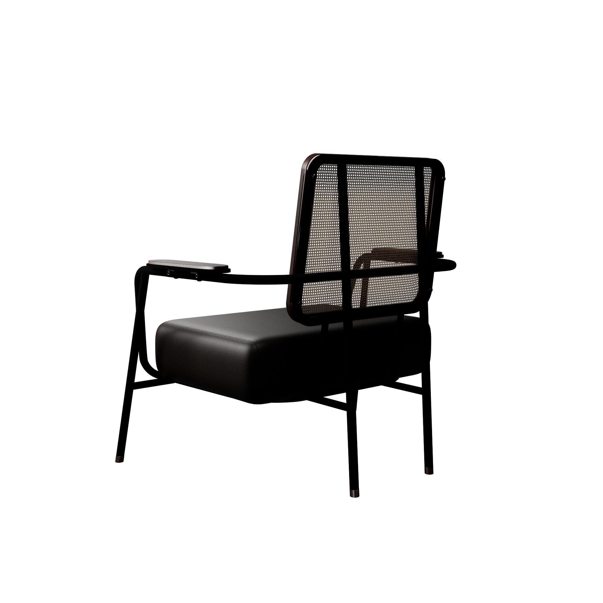 Portuguese Industrial armchair DUV with arms Cocoa leather handcrafted by Murmurio For Sale