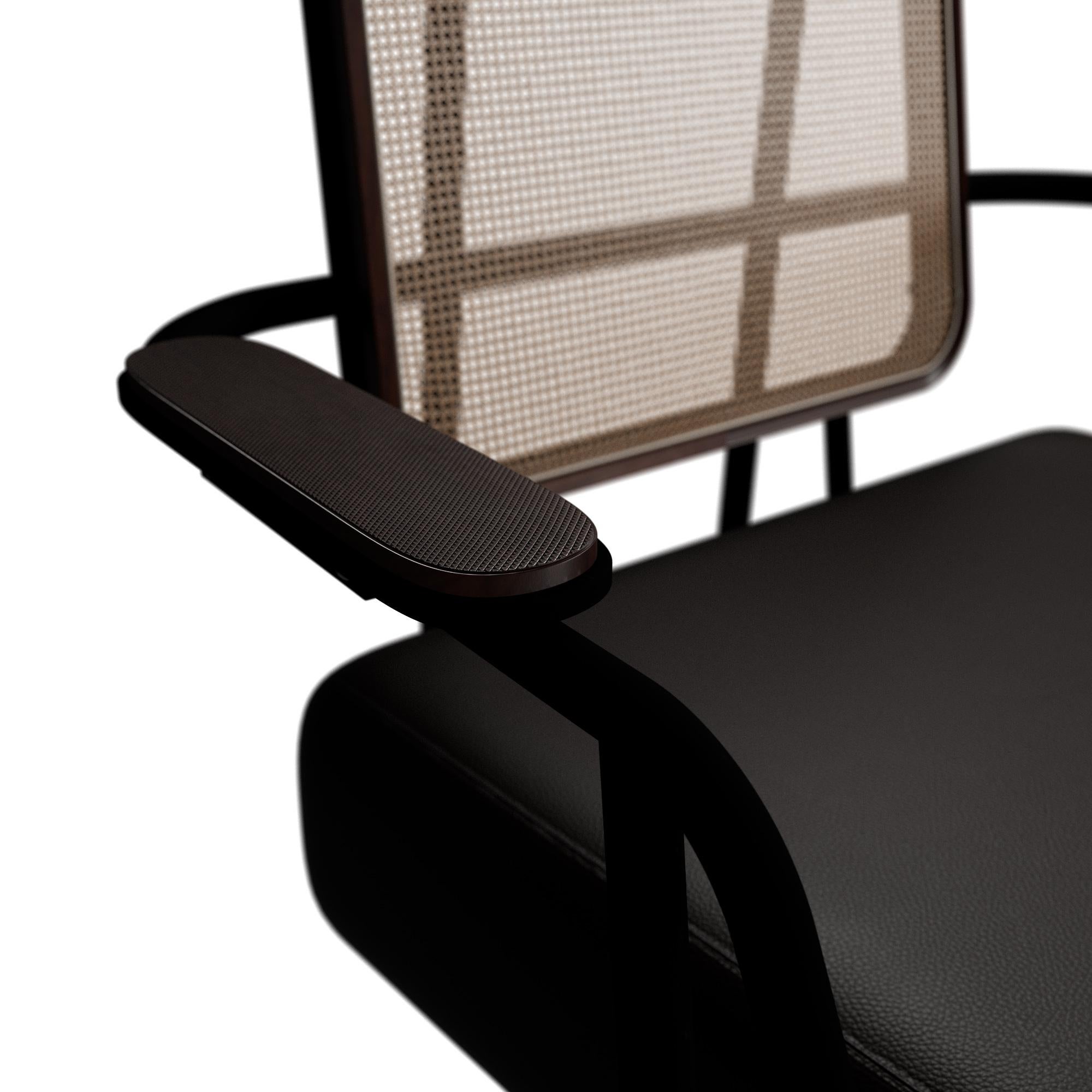 Caning Industrial armchair DUV with arms Cocoa leather handcrafted by Murmurio For Sale