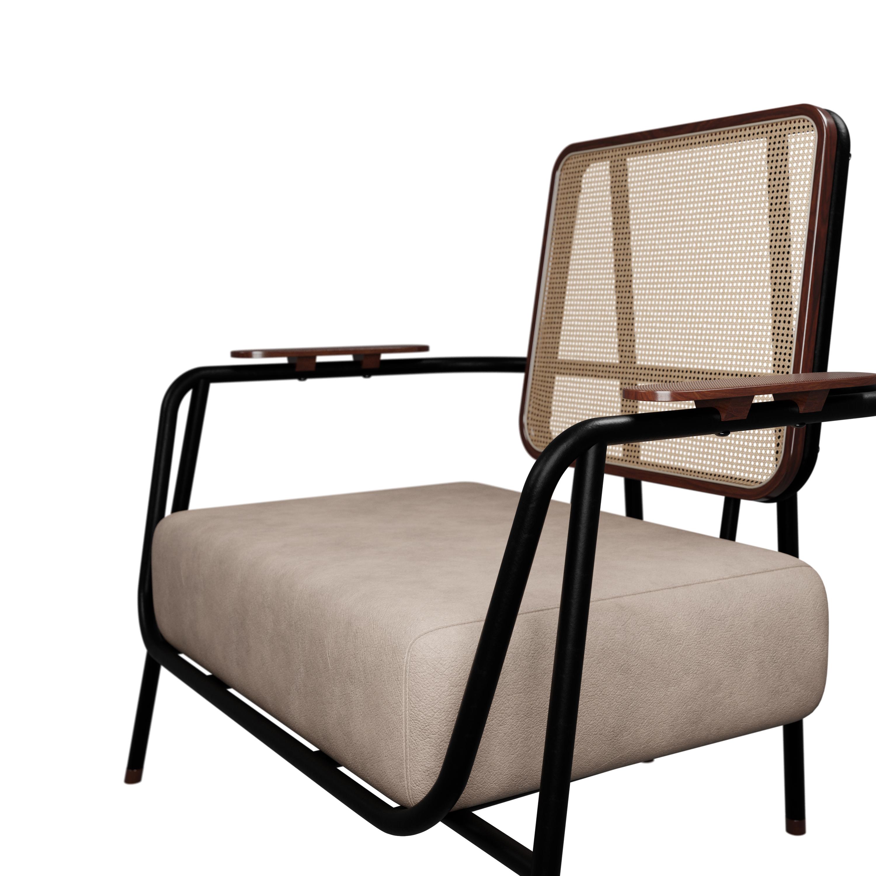 Rattan Industrial armchair DUV with arms Cream leather handcrafted by Murmurio For Sale
