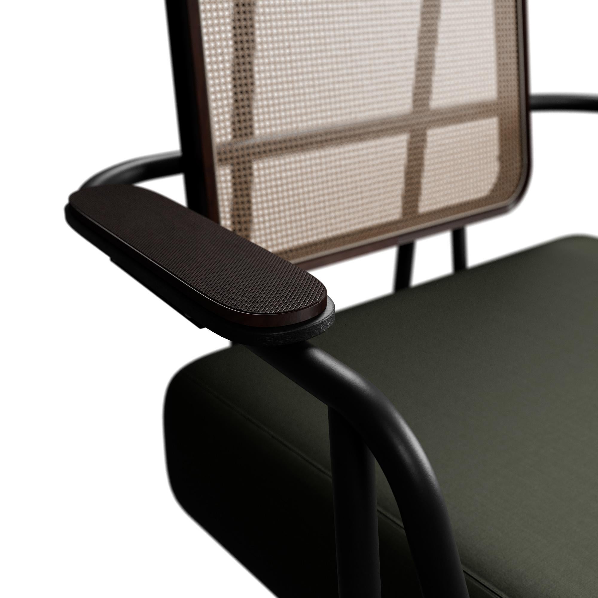 Caning Industrial armchair DUV with arms Forest Velvet handcrafted by Murmurio For Sale