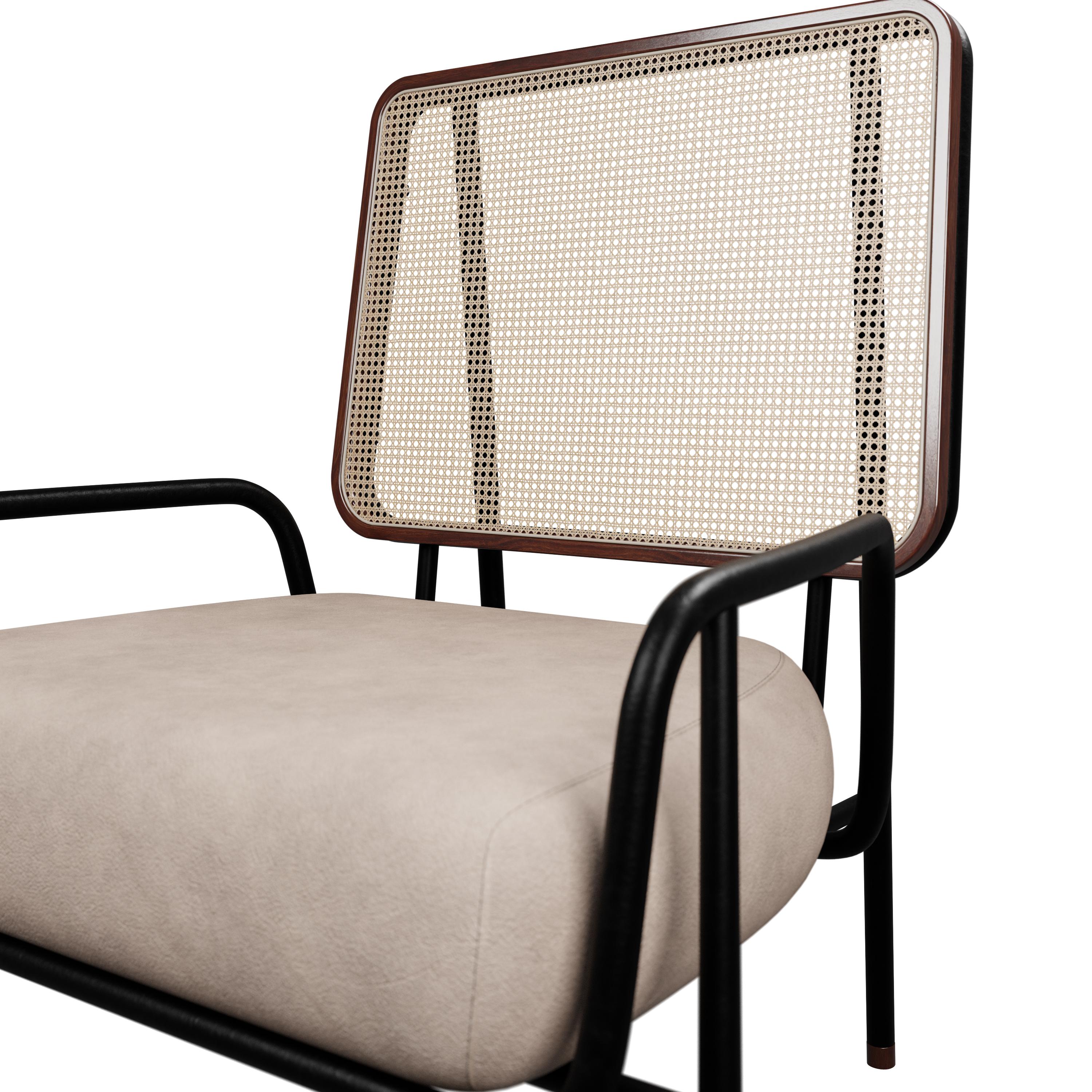 Rattan Industrial armchair DUV with half arm Cream leather handcrafted by Murmurio For Sale