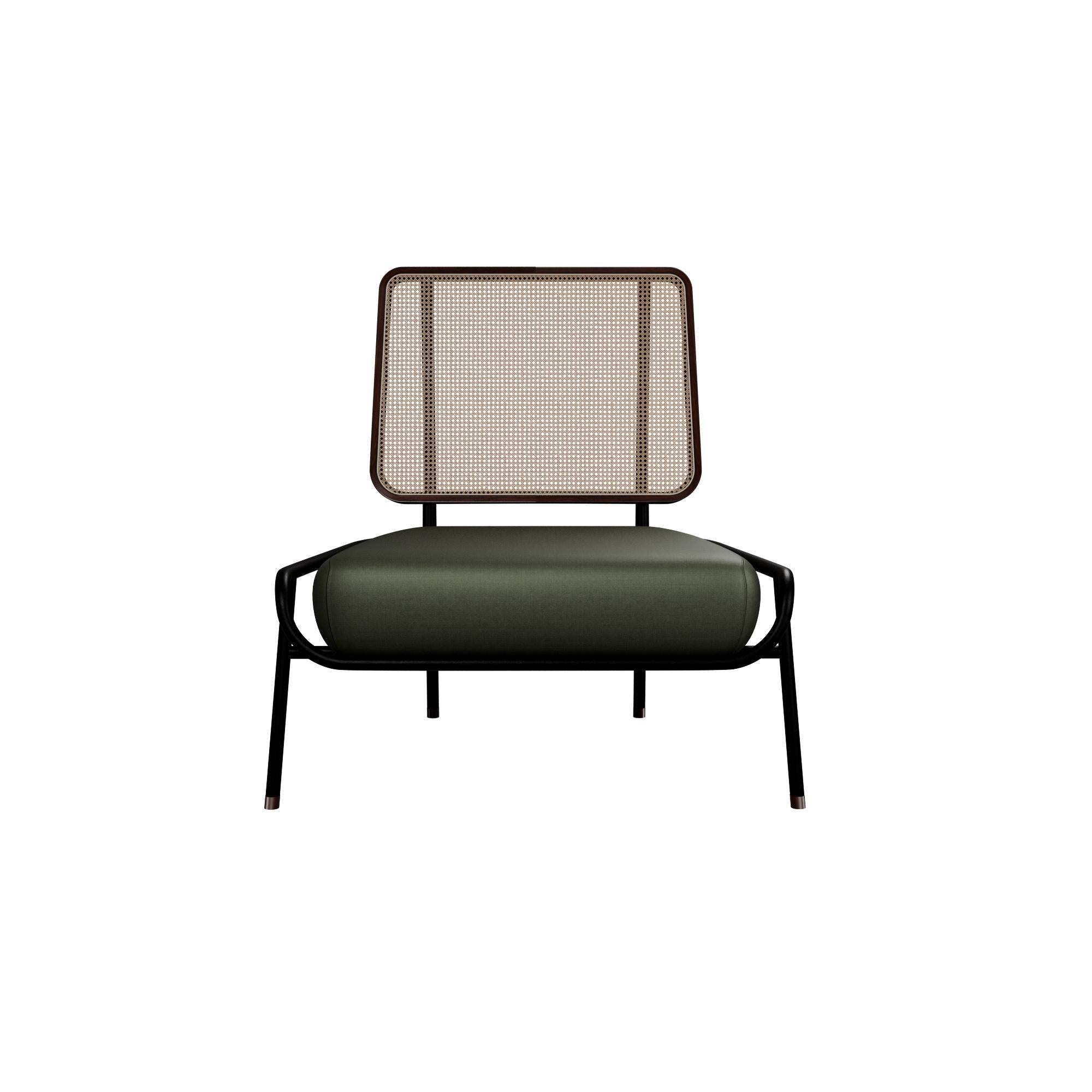 Murmurio's armchair without arms DUV sturdy iron structure provides a solid foundation, while the intricately woven rattan backrest, supported by an ashwood frame, adds a touch of natural beauty. The seat is upholstered in genuine leather, offering