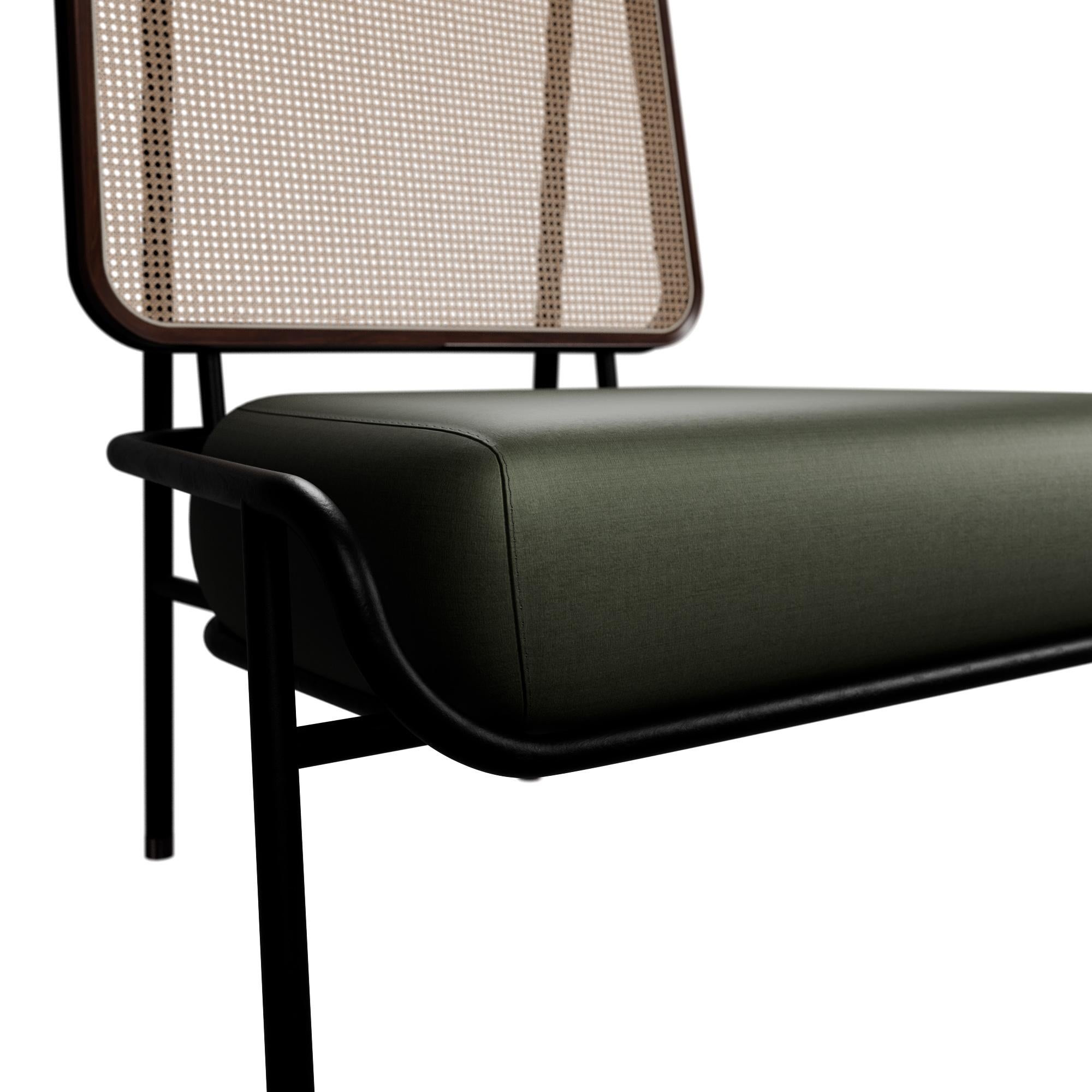 Caning Industrial armchair DUV without arms Forest velvet handcrafted by Murmurio For Sale
