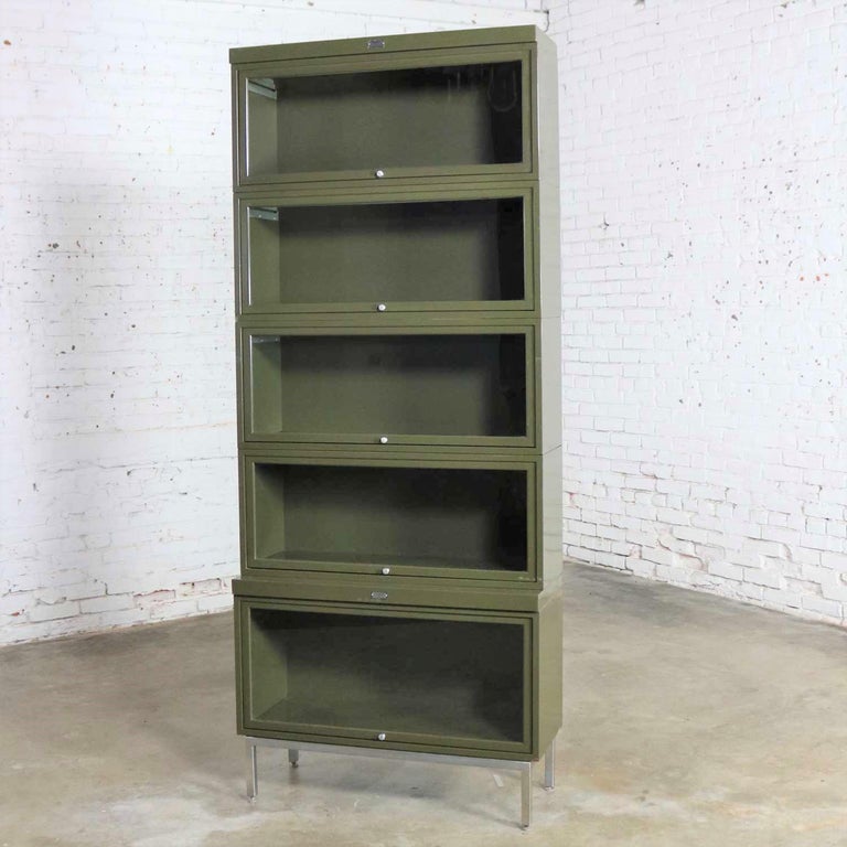 Industrial Army Green Metal Barrister, Steel Lawyers Bookcase