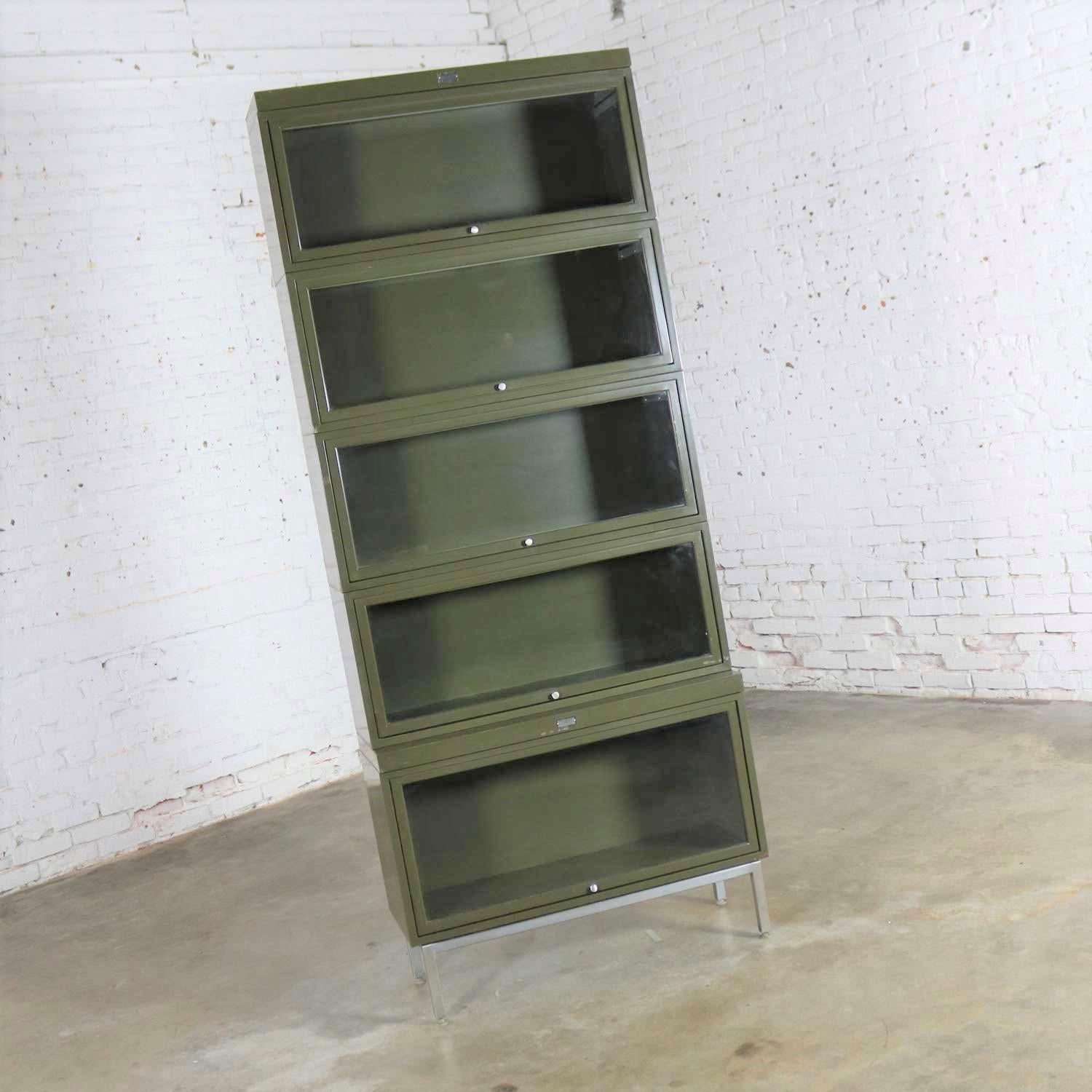 green metal bookcase