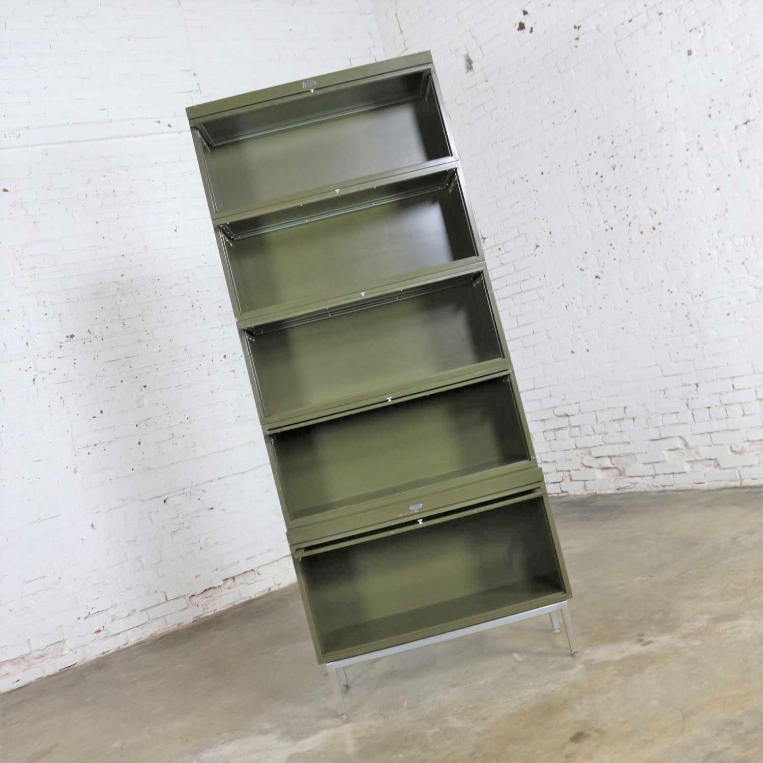 American Industrial Army Green Metal Barrister Five Section Stacking Bookcase with Glass
