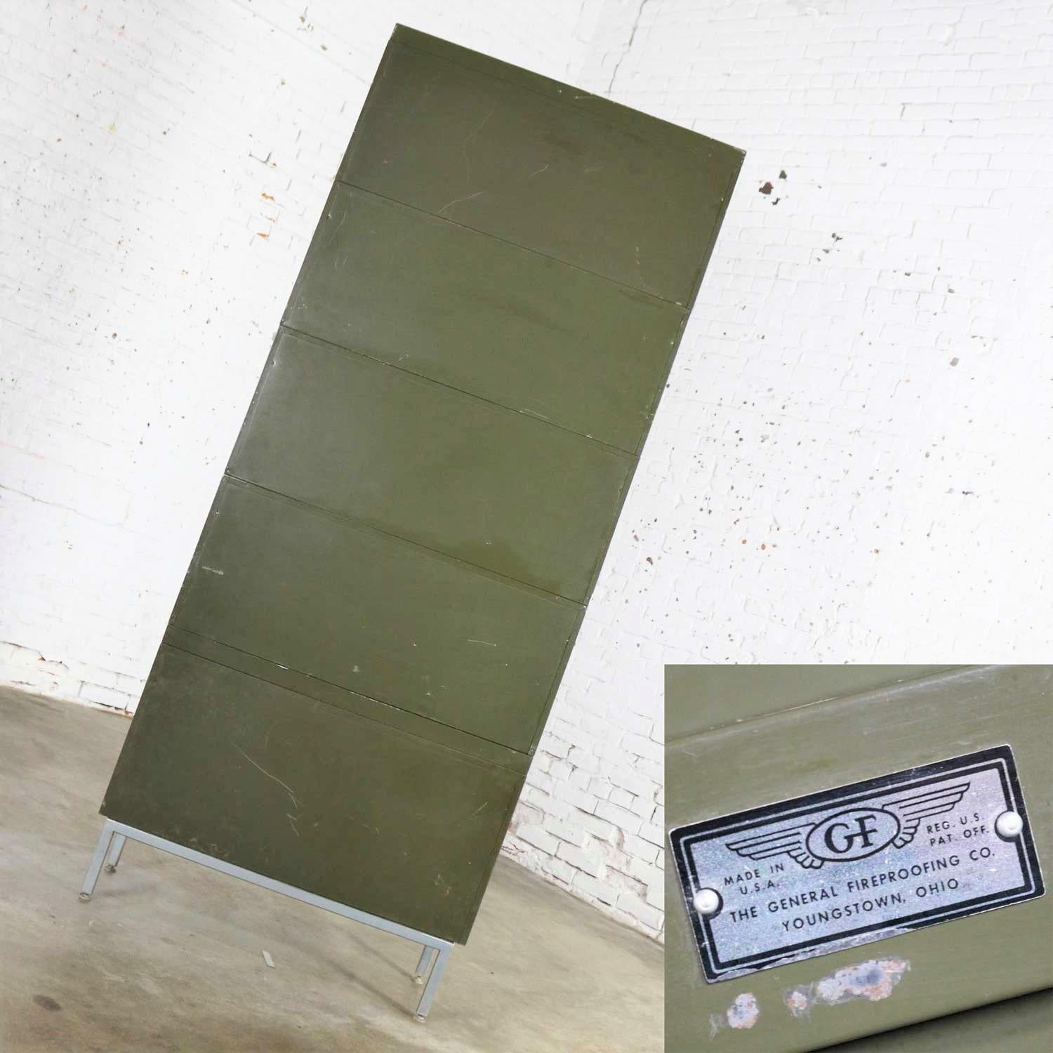 20th Century Industrial Army Green Metal Barrister Five Section Stacking Bookcase with Glass