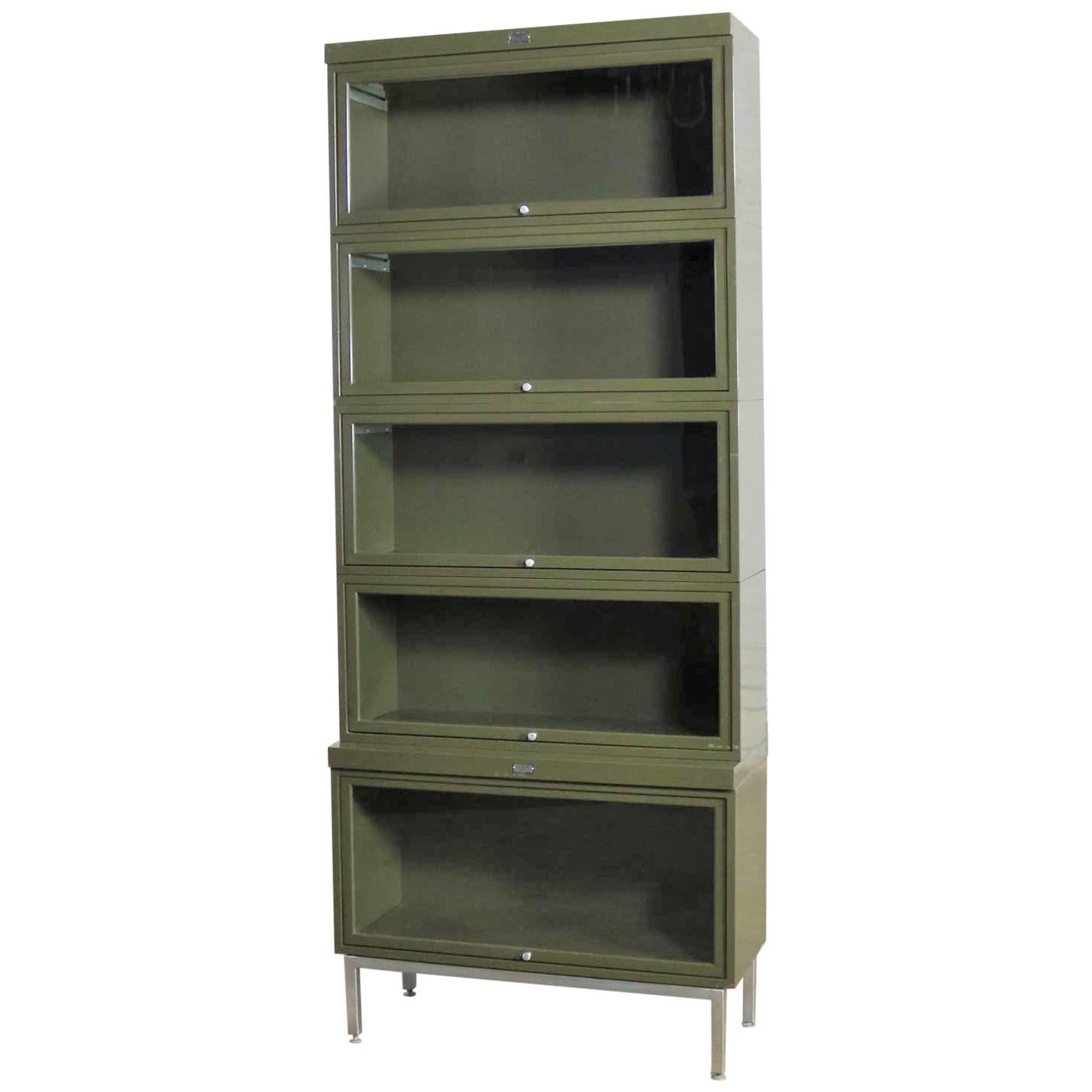 Industrial Army Green Metal Barrister Five Section Stacking Bookcase with Glass