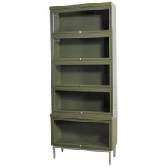 Retro Industrial Army Green Metal Barrister Five Section Stacking Bookcase with Glass