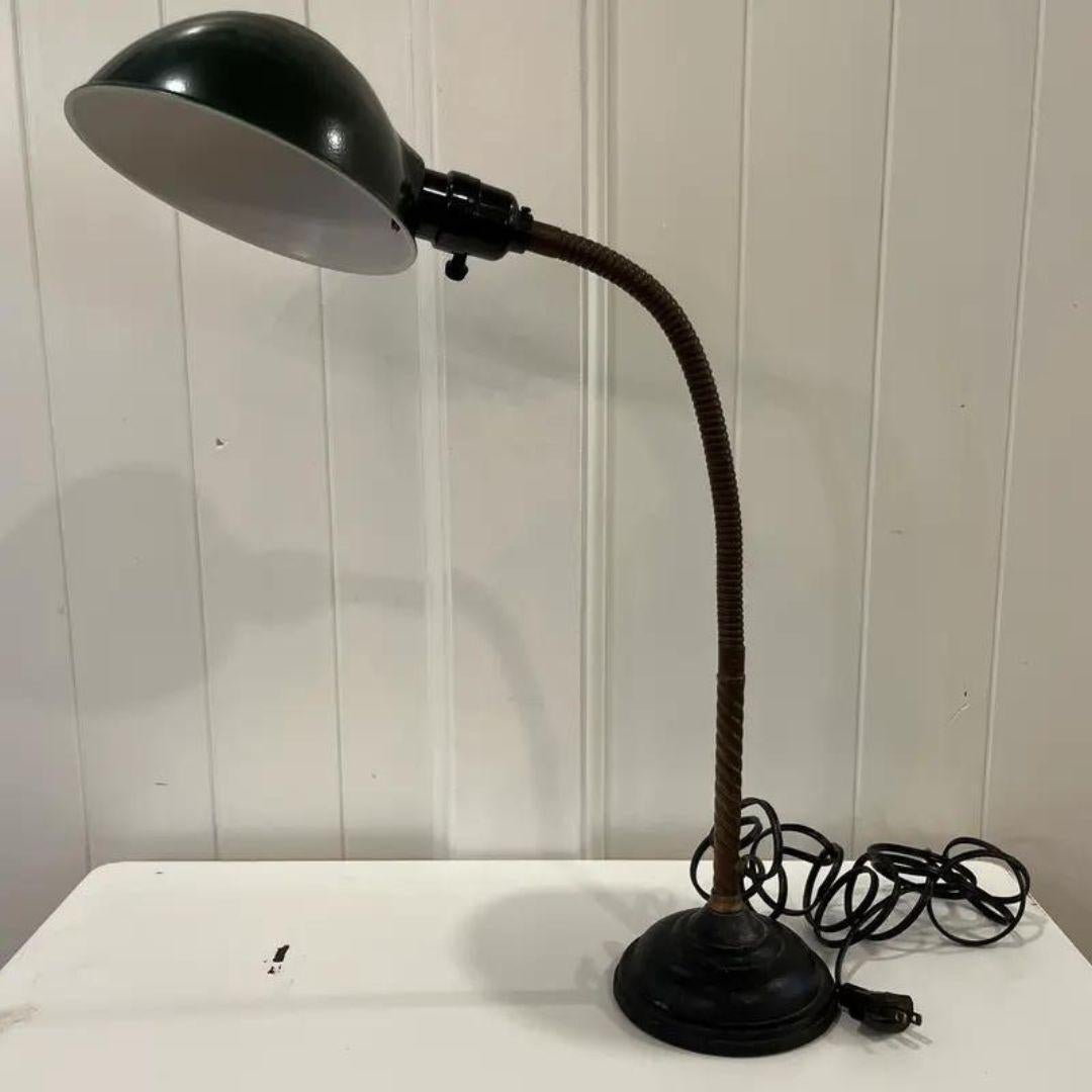 Industrial Art Deco Antique Desk Lamp With Goose Neck Shade Early 20th Century 

Item details: vintage from the early to mid-1990s. Materials: steel, metal, wire, screws. Faries style art deco antique lamp bronze steel base & shade heavy adjustable