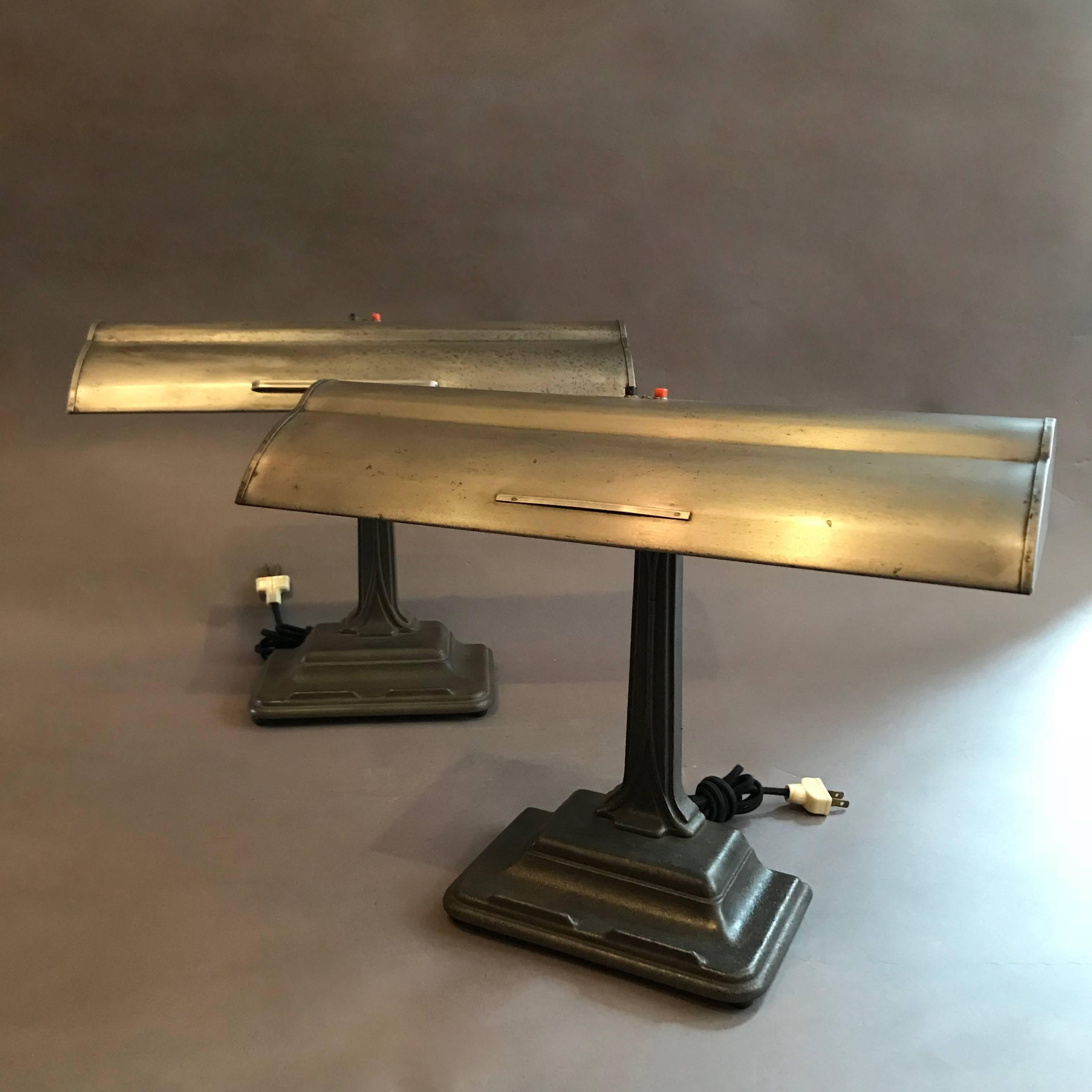 American Industrial Art Deco Cast Iron And Steel Bank Desk Lamps