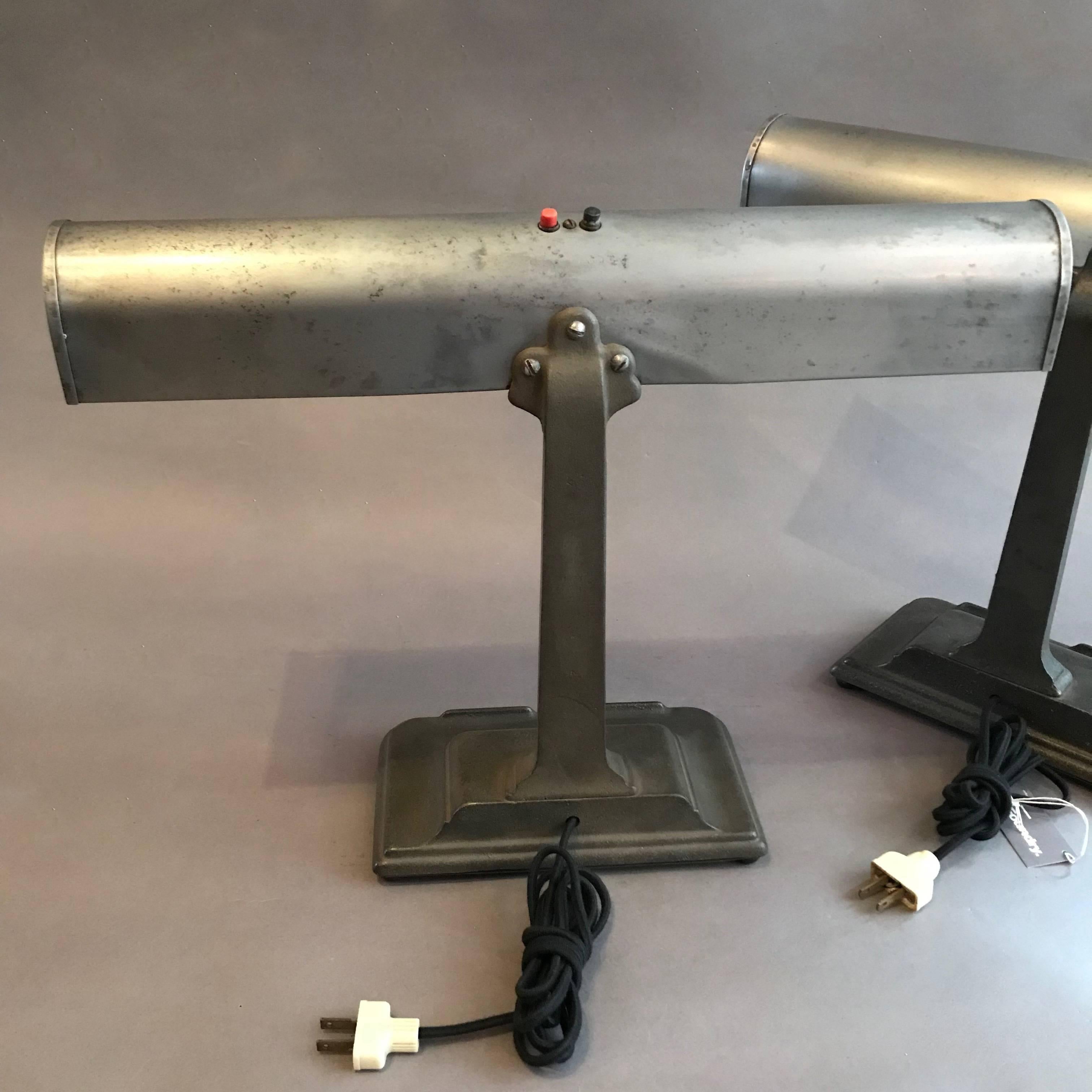 Industrial Art Deco Cast Iron And Steel Bank Desk Lamps In Good Condition In Brooklyn, NY
