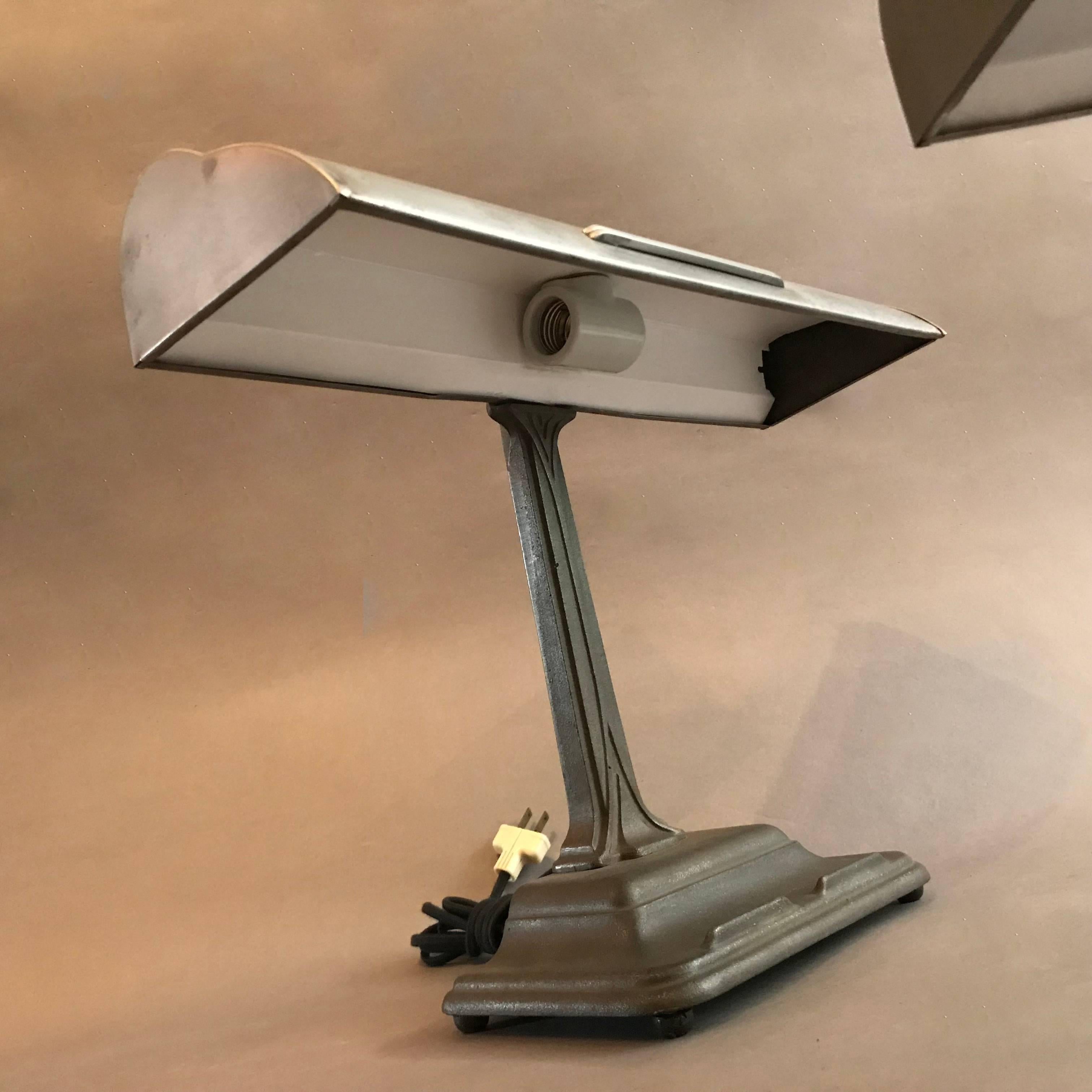 Mid-20th Century Industrial Art Deco Cast Iron And Steel Bank Desk Lamps