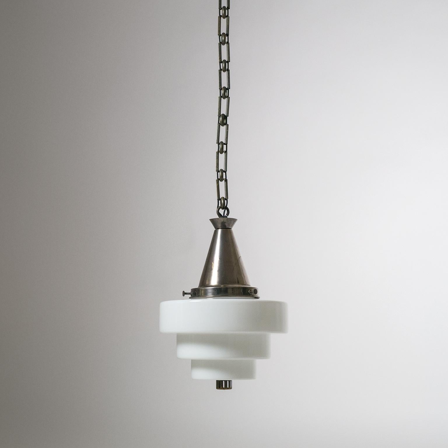 Industrial Art Deco Pendants, circa 1925, Nickel and Glass 8