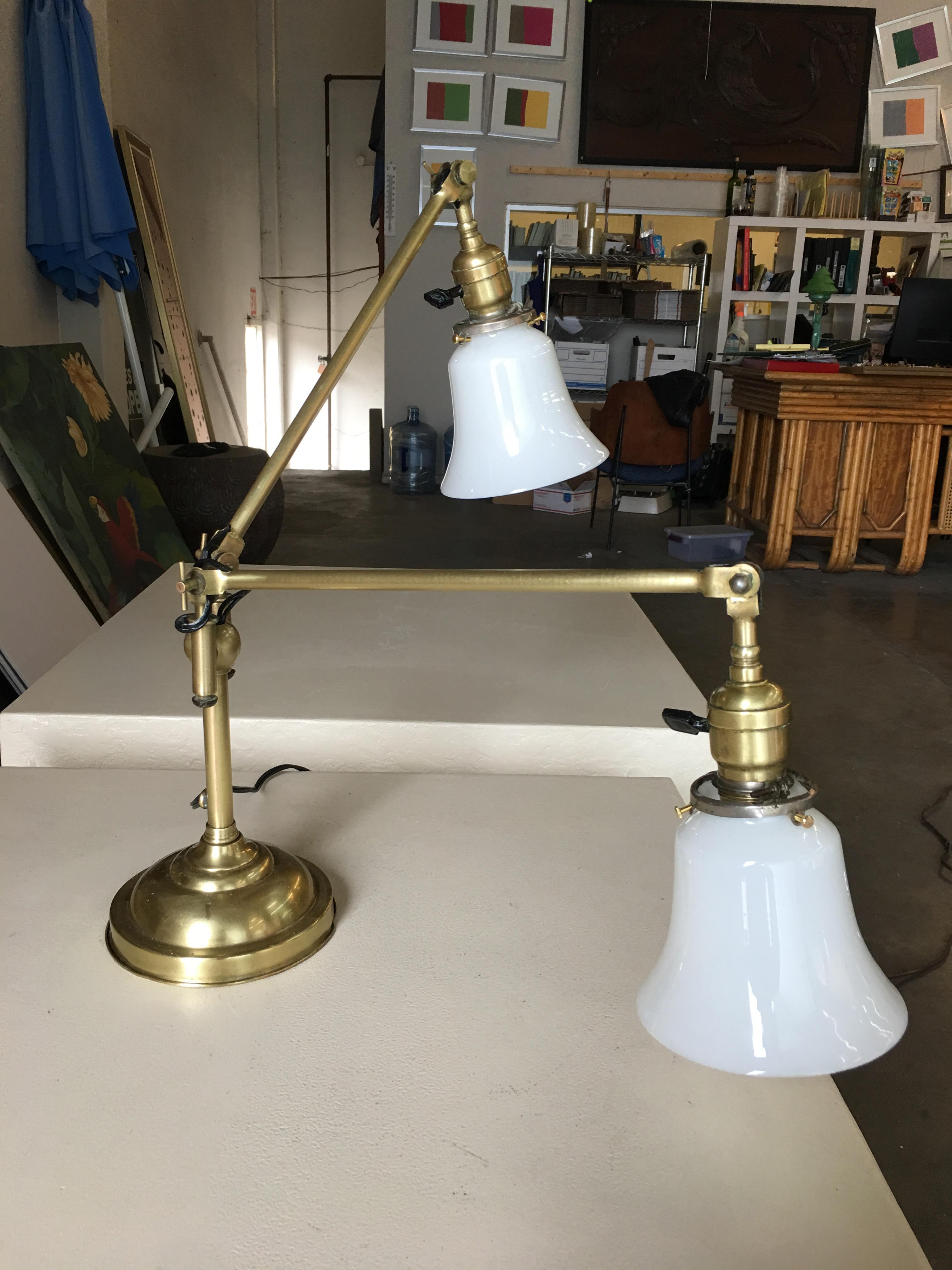 Industrial Articulating Brass Daul Desk Lamp with Bell Shades In Excellent Condition In Van Nuys, CA