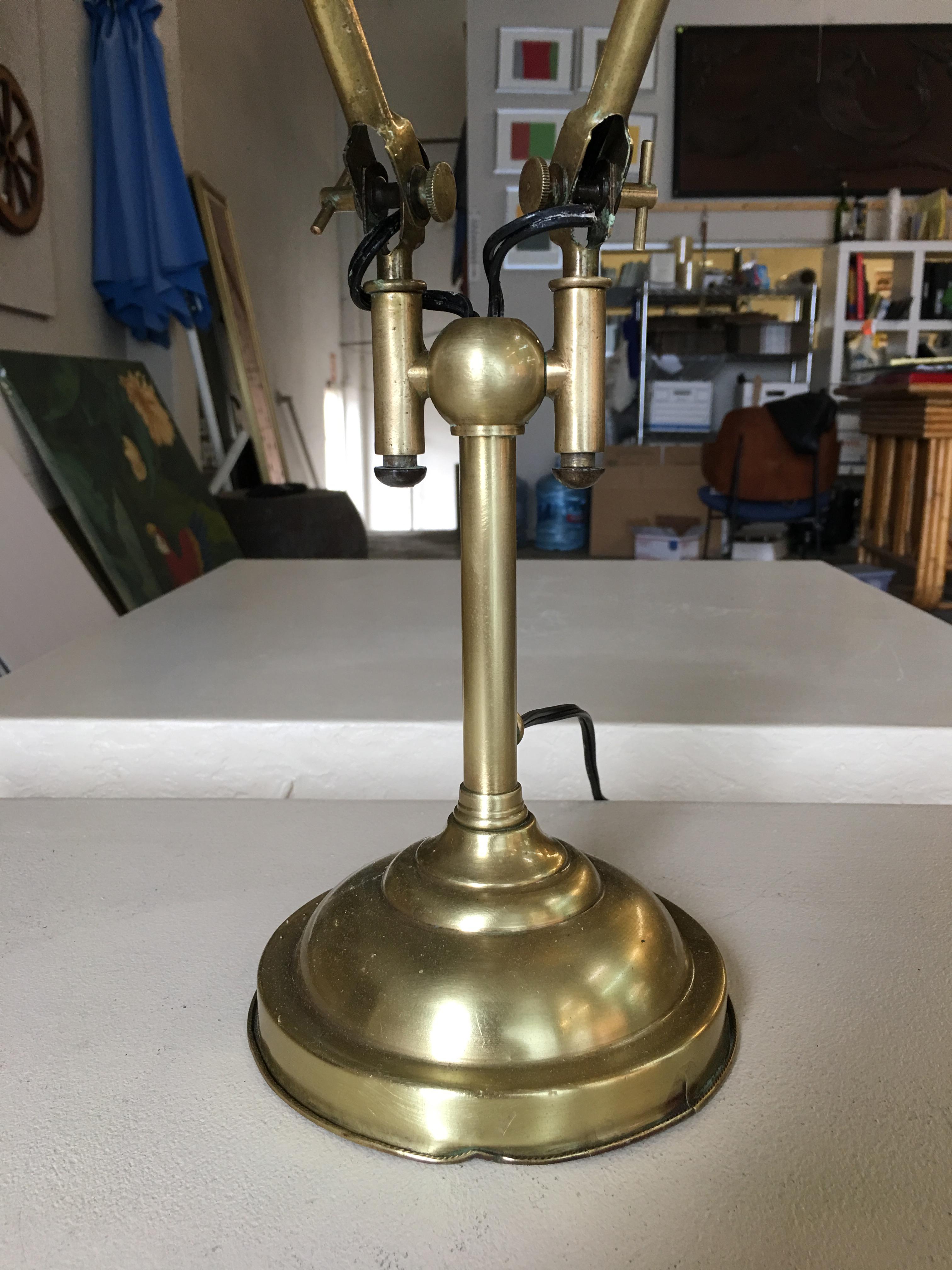 Early 20th Century Industrial Articulating Brass Daul Desk Lamp with Bell Shades