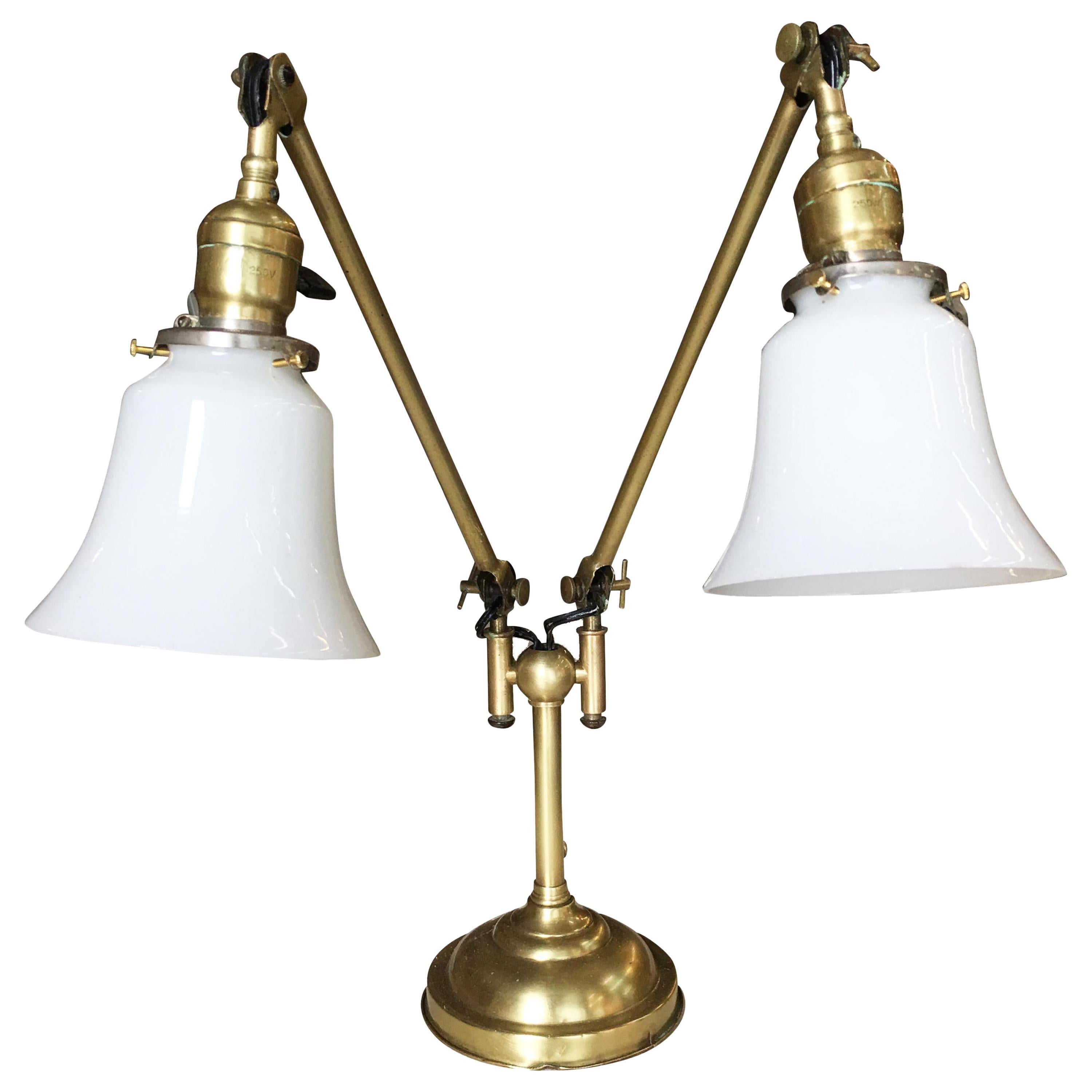 Industrial Articulating Brass Daul Desk Lamp with Bell Shades