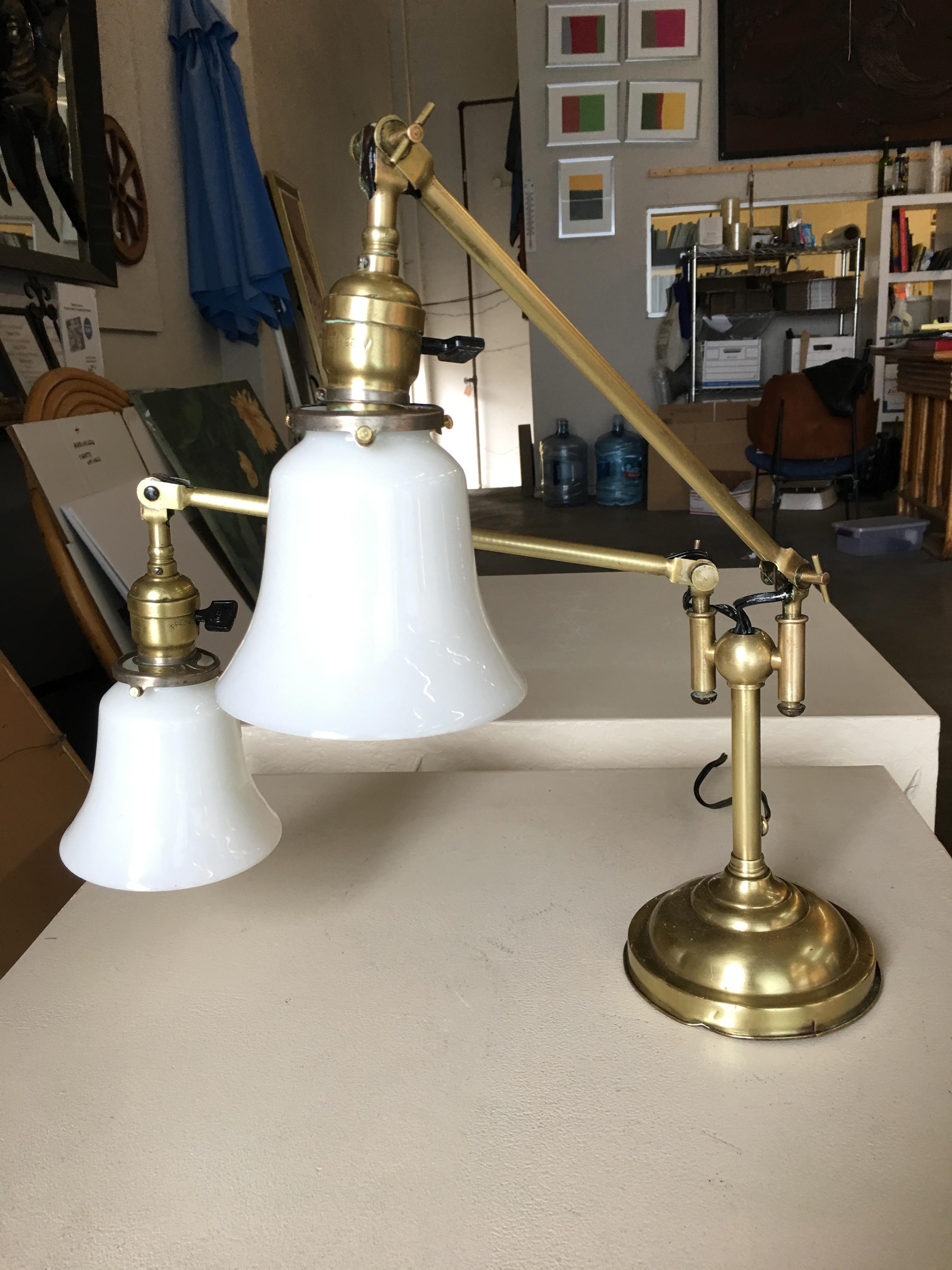 American Industrial Articulating Brass Daul Desk Lamp with Bell Shades For Sale