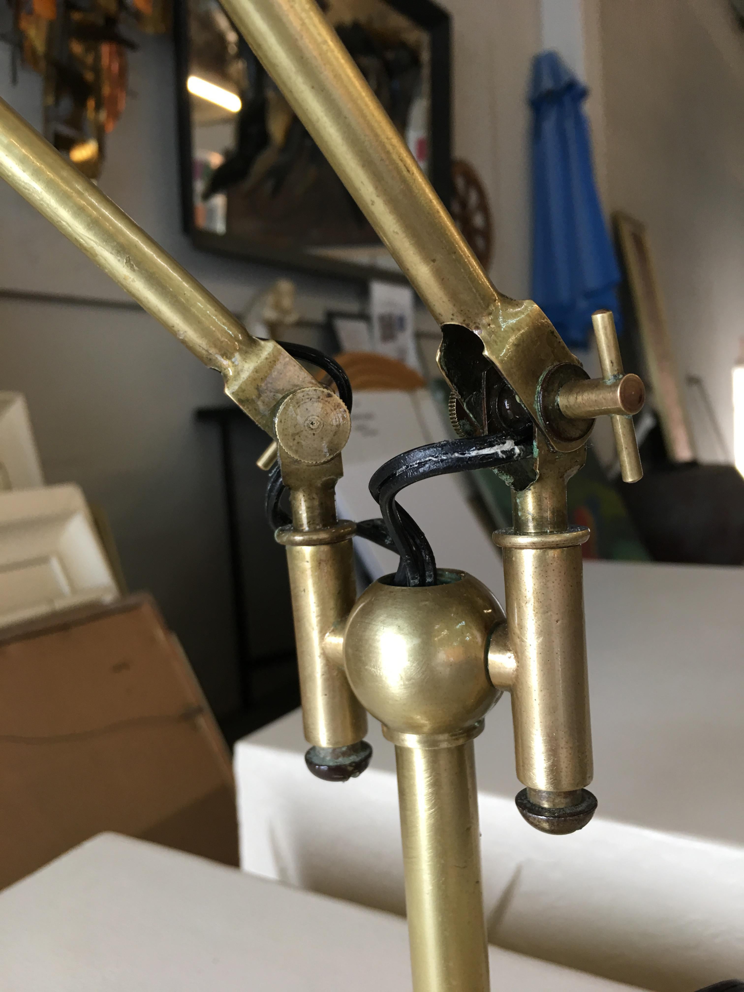 Industrial Articulating Brass Daul Desk Lamp with Bell Shades For Sale 2