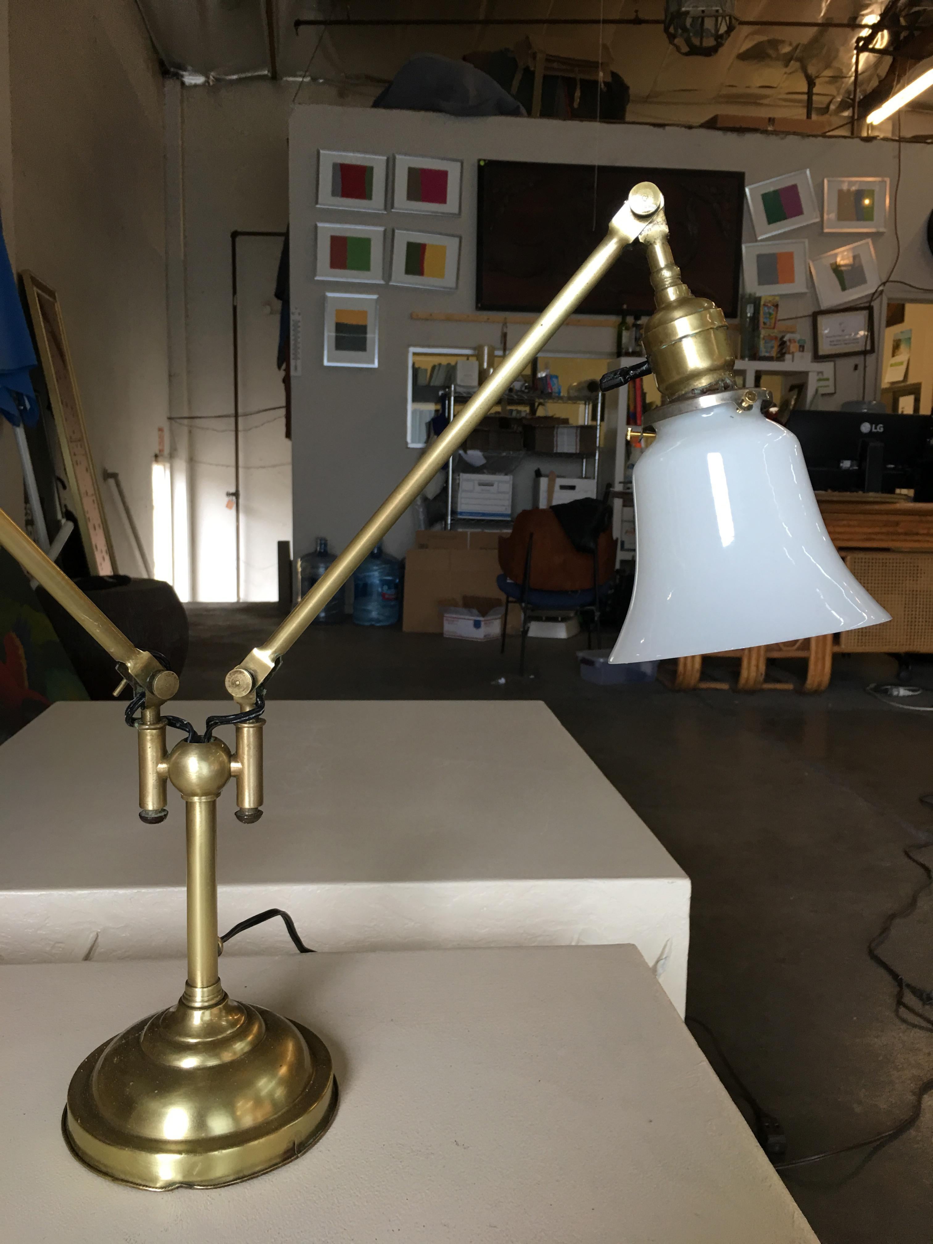 Industrial Articulating Brass Daul Desk Lamp with Bell Shades For Sale 4