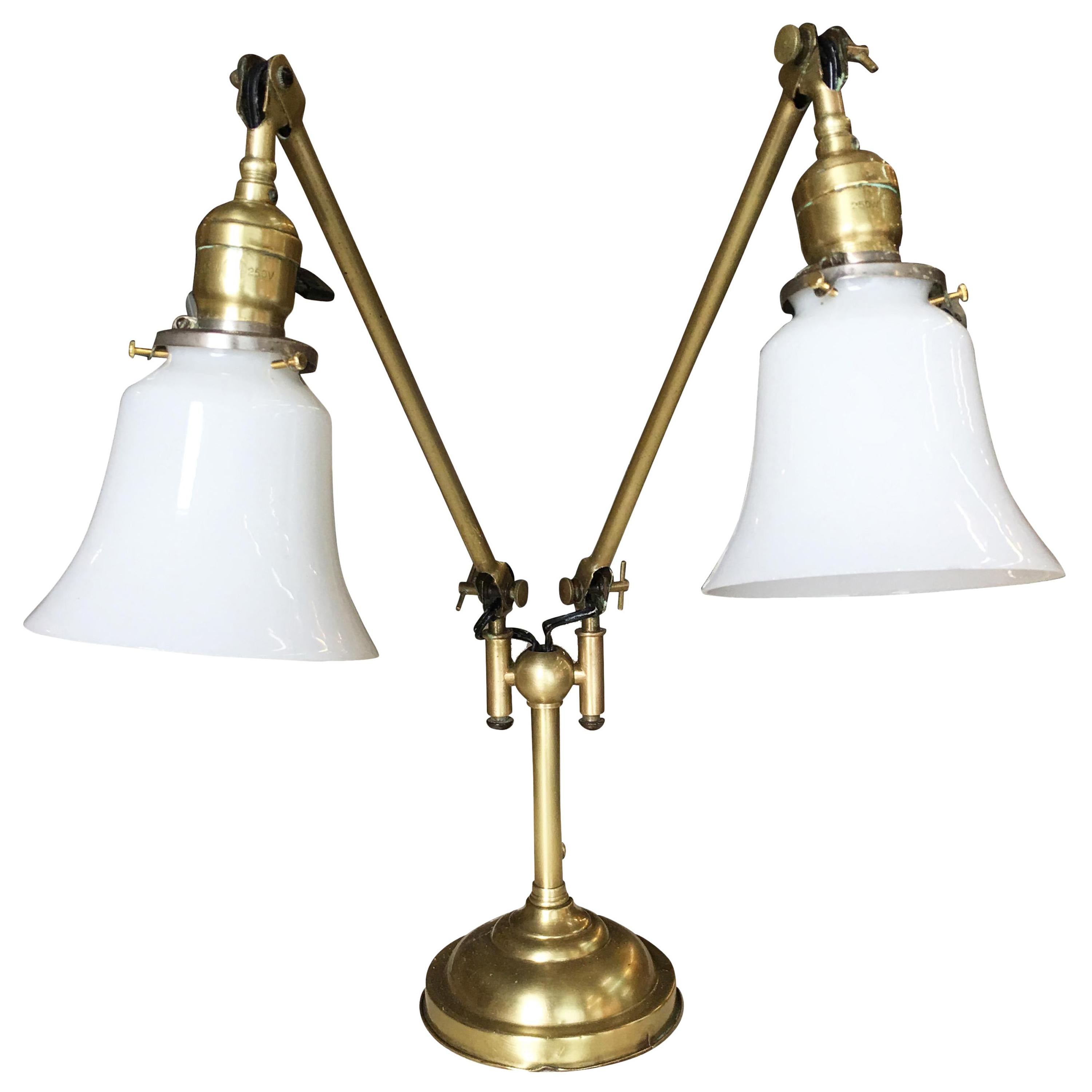 Industrial Articulating Brass Daul Desk Lamp with Bell Shades