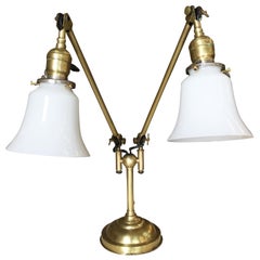 Antique Industrial Articulating Brass Daul Desk Lamp with Bell Shades