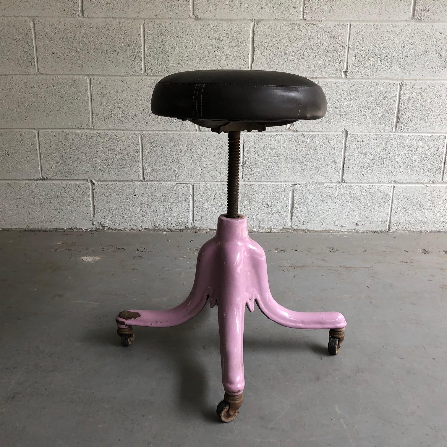 Industrial Baked Enameled Pastel Steel Adjustable Medical Stool In Good Condition In Brooklyn, NY