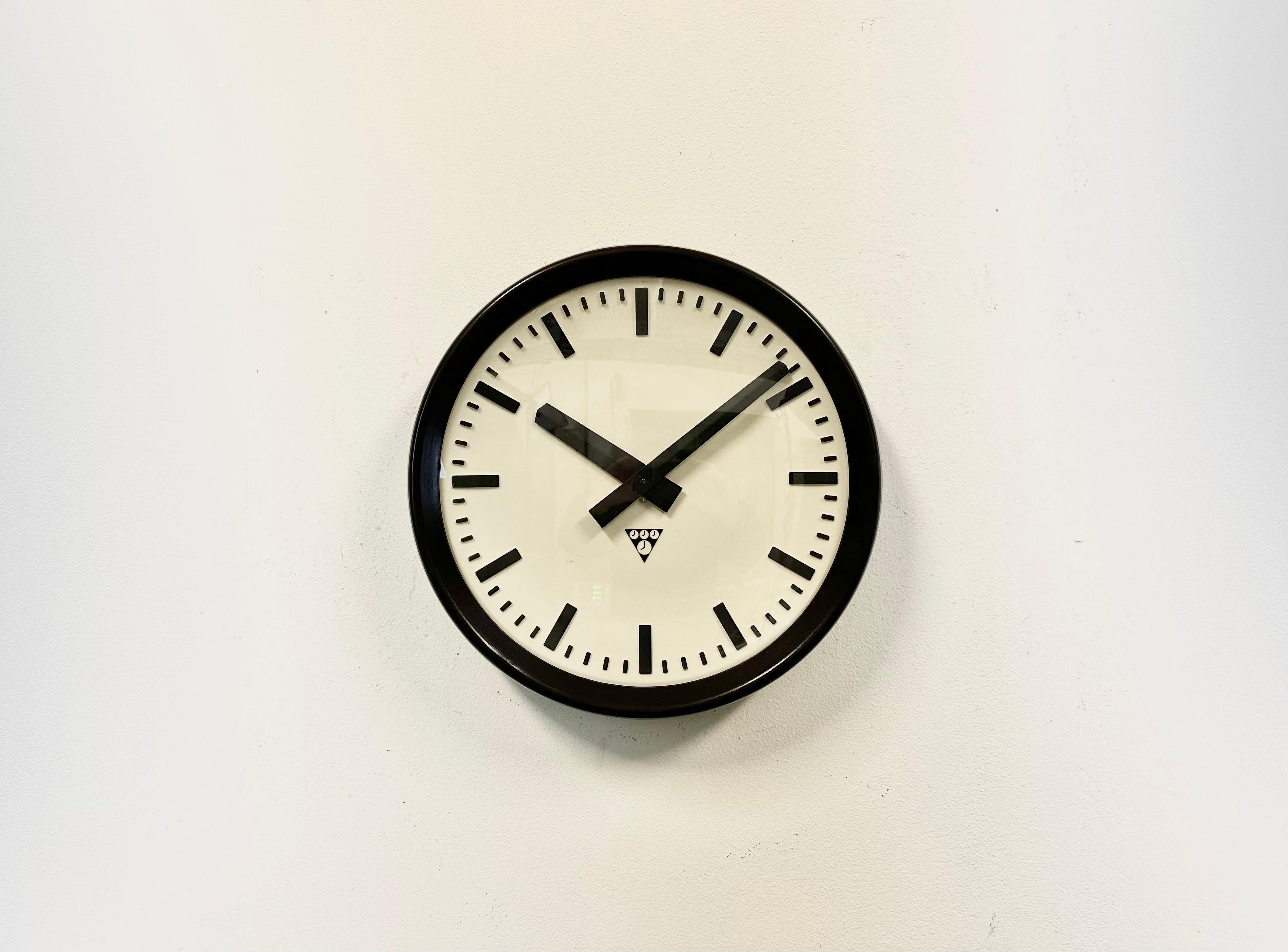 Czech Industrial Bakelite Factory Wall Clock from Pragotron, 1960s