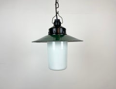 Industrial Bakelite Green Enamel Pendant Light with Milk Glass, 1970s