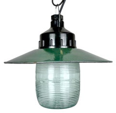 Industrial Bakelite Green Enamel Pendant Light with Ribbed Glass, 1970s