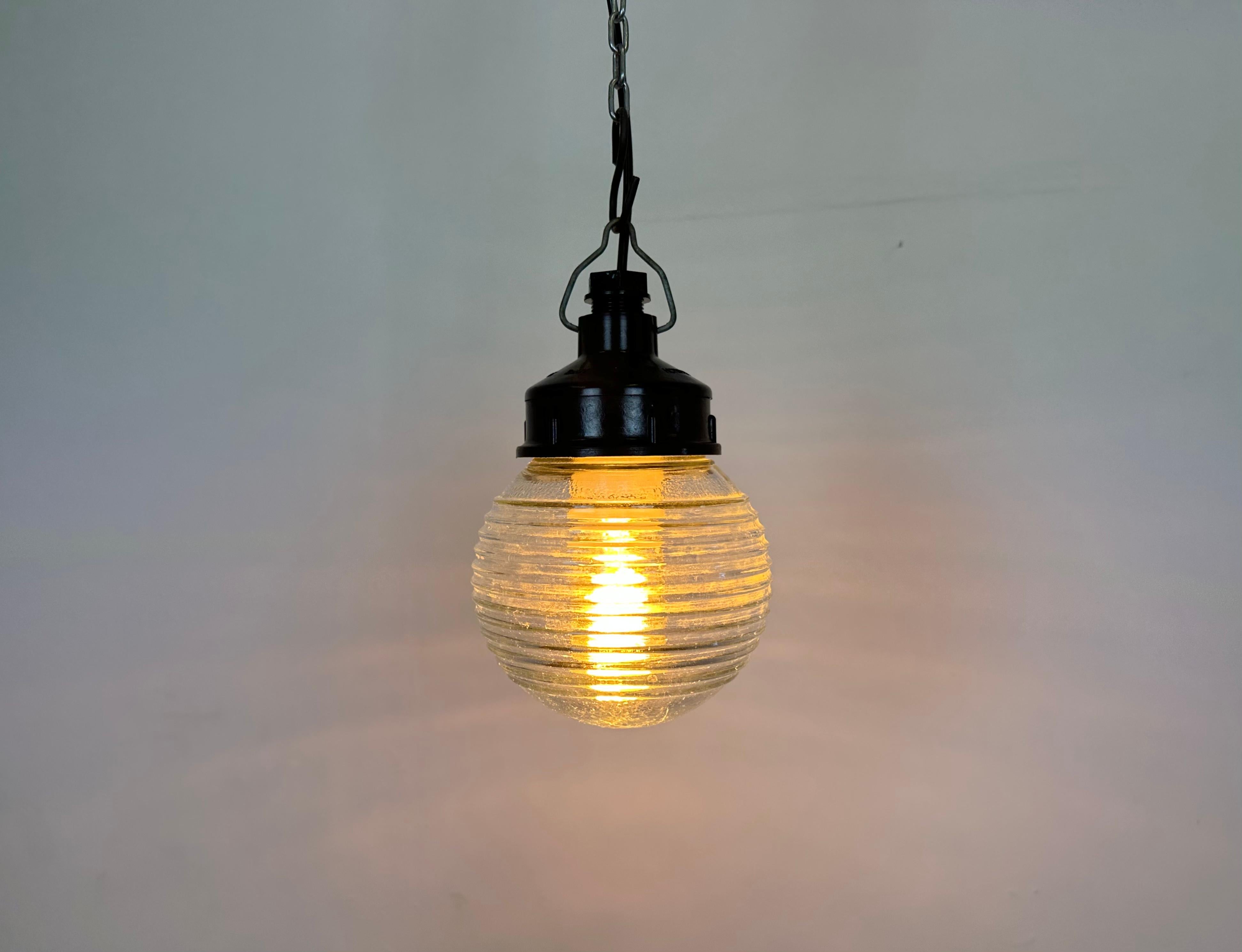 Industrial Bakelite Pendant Light with Ribbed Glass, 1970s For Sale 8