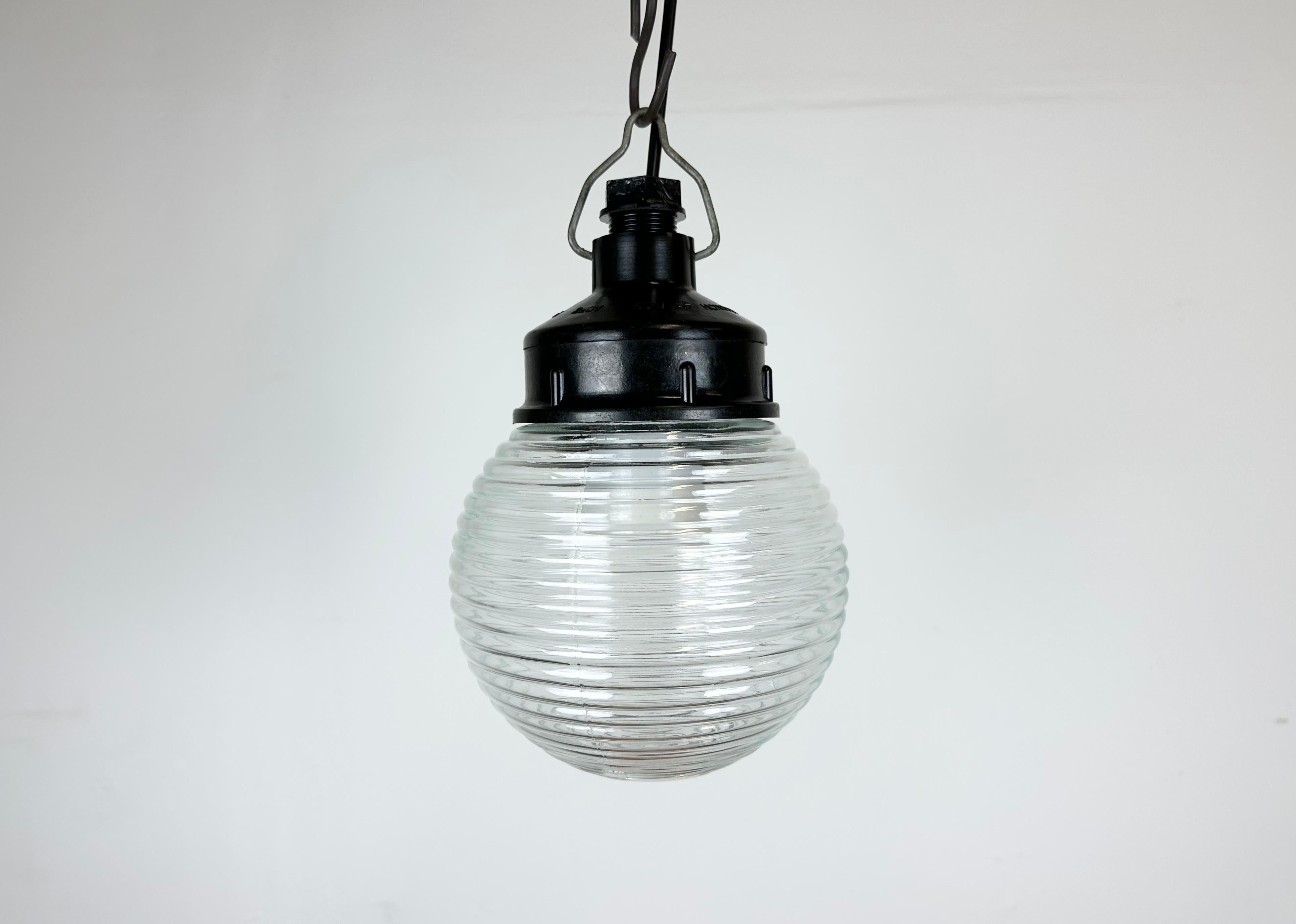 Russian Industrial Bakelite Pendant Light with Ribbed Glass, 1970s For Sale