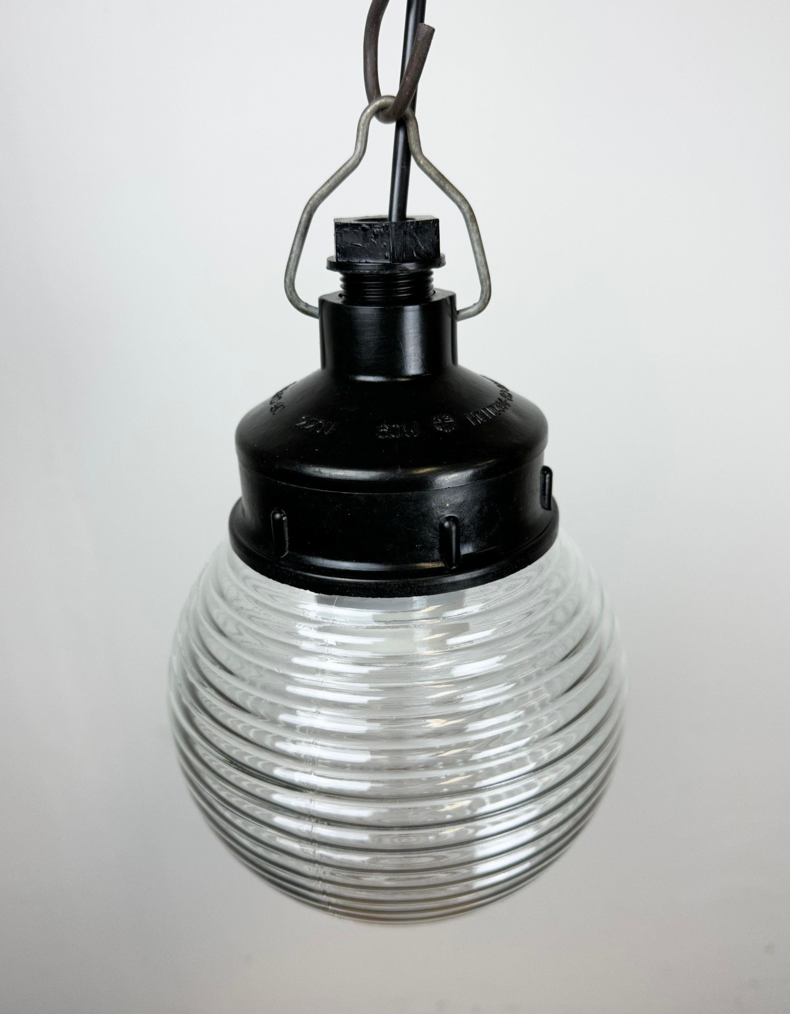Late 20th Century Industrial Bakelite Pendant Light with Ribbed Glass, 1970s For Sale