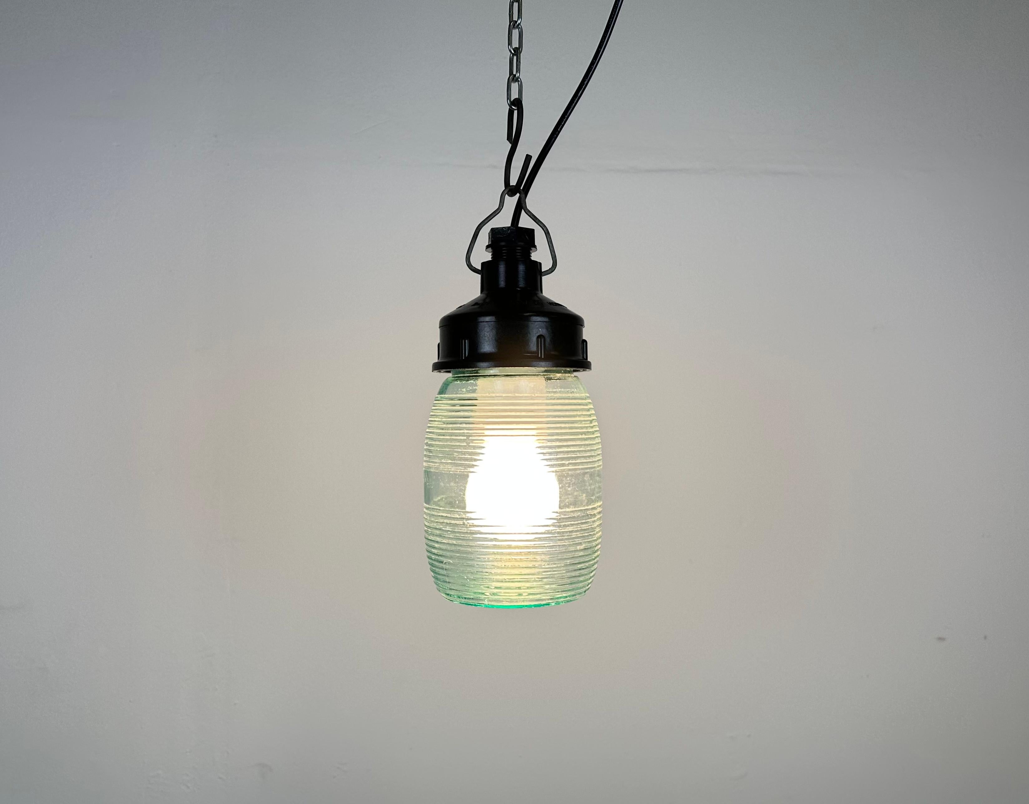 Industrial Bakelite Pendant Light with Ribbed Glass, 1970s For Sale 1