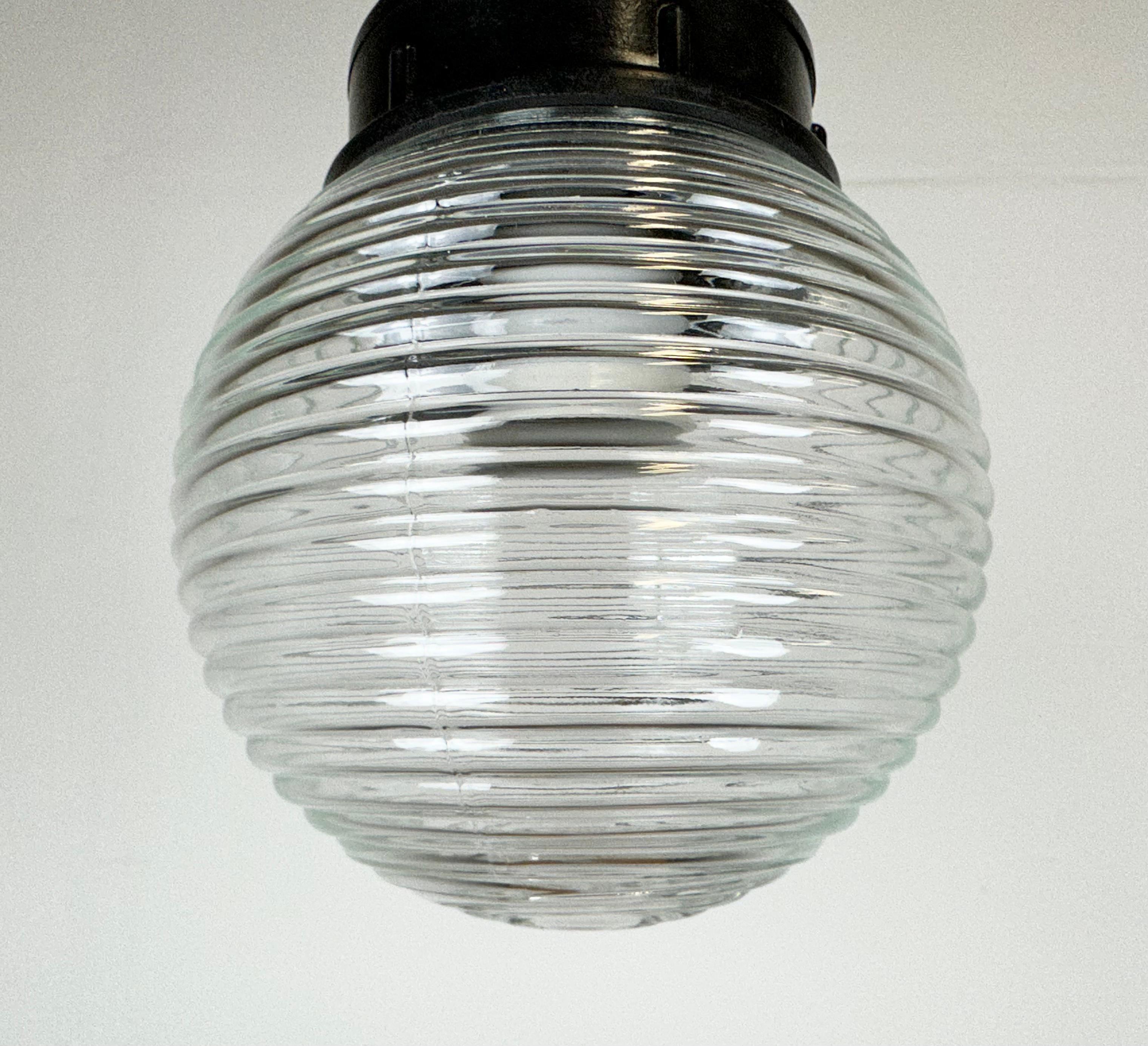 Industrial Bakelite Pendant Light with Ribbed Glass, 1970s For Sale 1