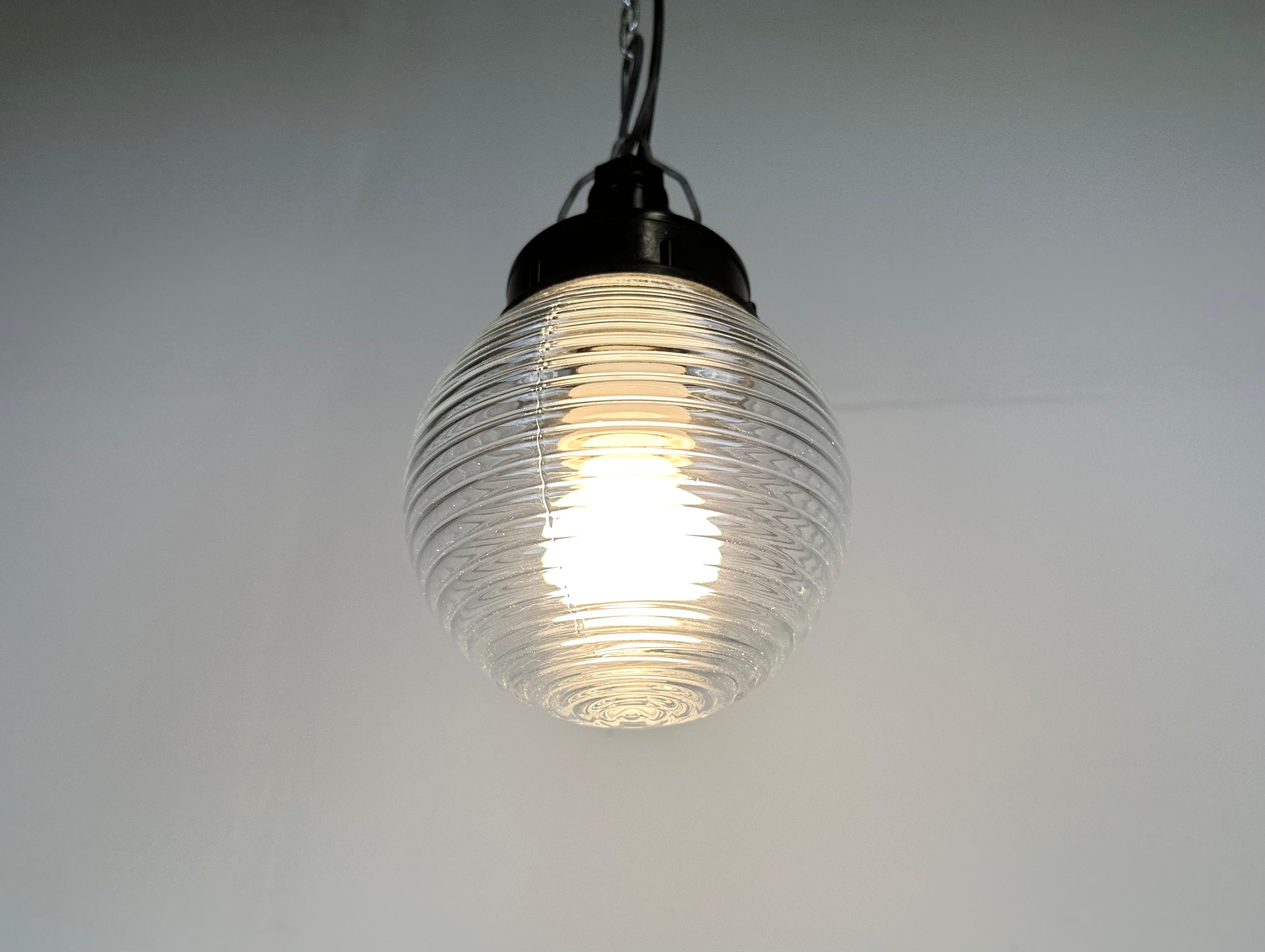 Industrial Bakelite Pendant Light with Ribbed Glass, 1970s For Sale 4